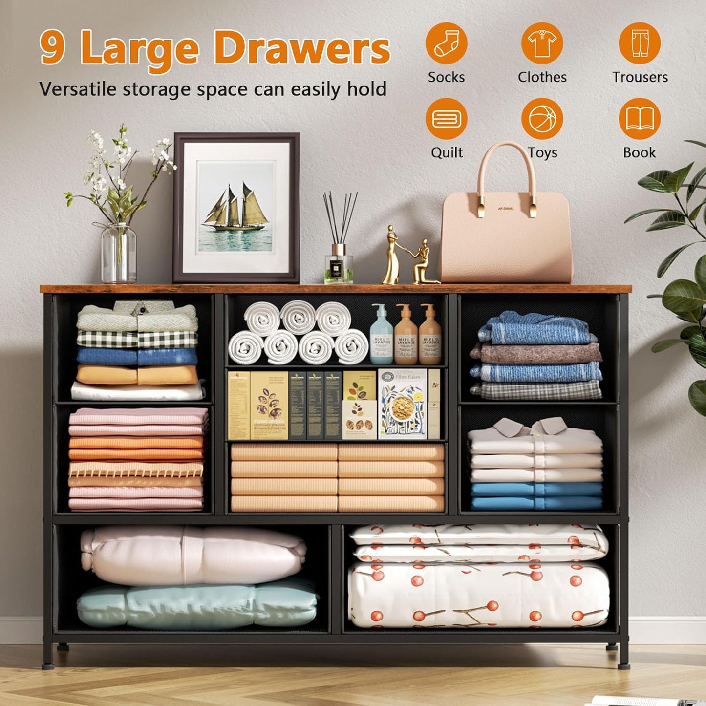 Furnulem Dresser for Bedroom with 9 Fabric Drawers for 55'' Long TV Stand Entertainment Center & Chest of Drawer, Wide Dresser Storage for Living Room, Dorm, Entryway, Sturdy Metal Frame, Rustic Brown