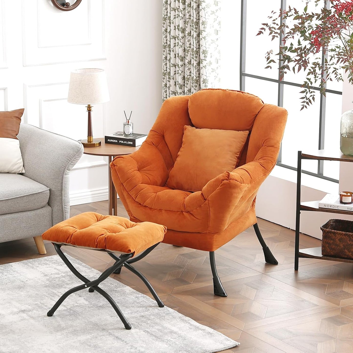 Large Lazy Chair with Ottoman, Accent Reading Chair with a Throw Pillow, Cozy Lounge Chair with Armrest, Leisure Sofa Chair for Living Room, Bedroom, Dorm Room, Velvet Tangerine