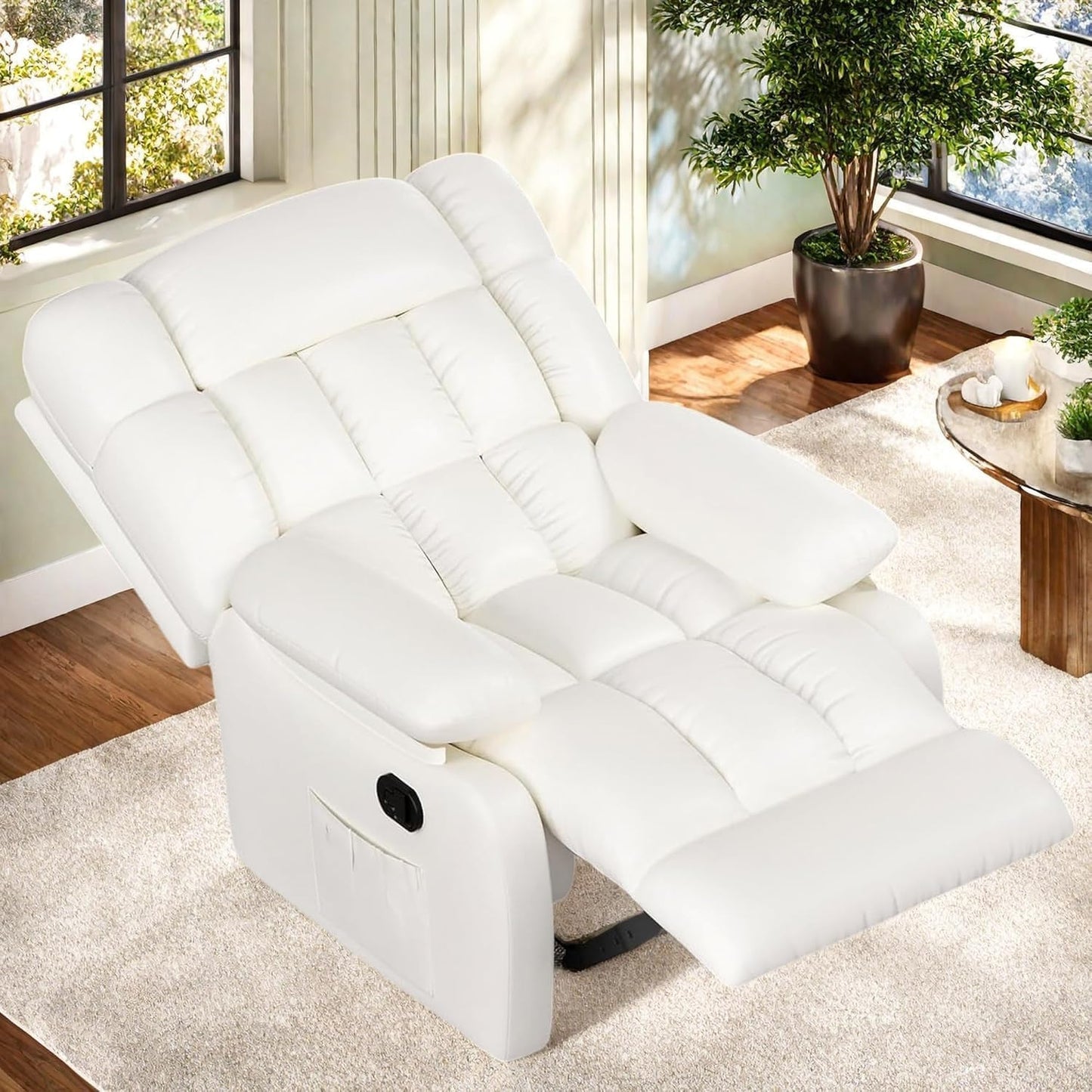 Oversized Recliner Chair, Leather Recliner Adjustable with Side Pockets, Living Room Reclining Lounge Chair for Adults, Small Spaces Comfy Sofa with Theater Seating for Bedroom, Movie,White
