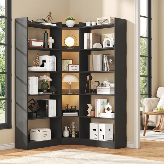 6 Tiers Corner Bookshelf, 63.1" Tall Modern Corner Etagere Bookcase Storage Display Rack Book Shelf with Baffle, Industrial L Shaped Bookshelves for Bedroom, Home Office, Living Room, Black