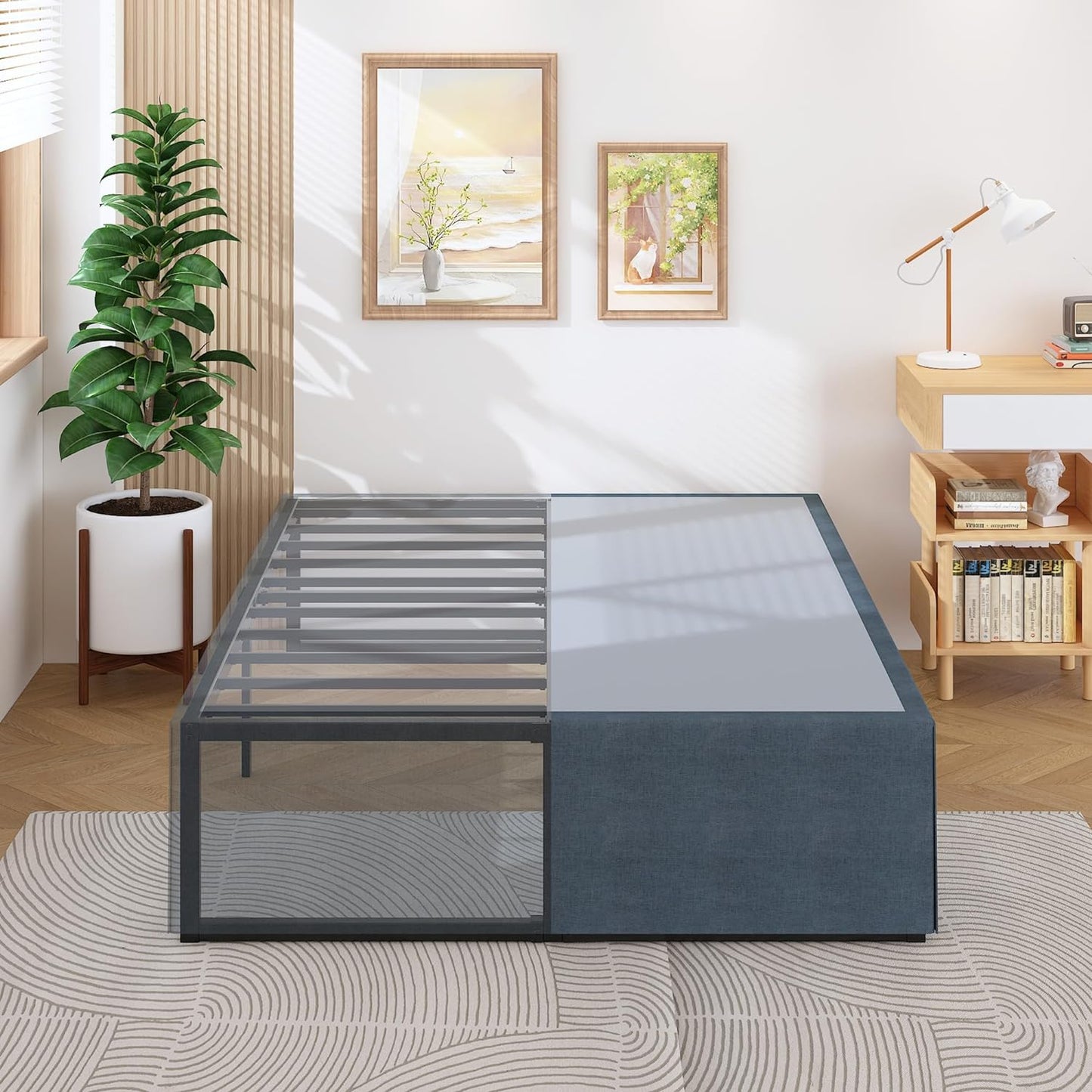 18 Inch Full Size Bed Frame with Storage Bed Cover Skirt, Heavy Duty Metal Full Platform Bed Frame No Box Spring Needed, Easy Assembly, Noise Free, Black and Blue