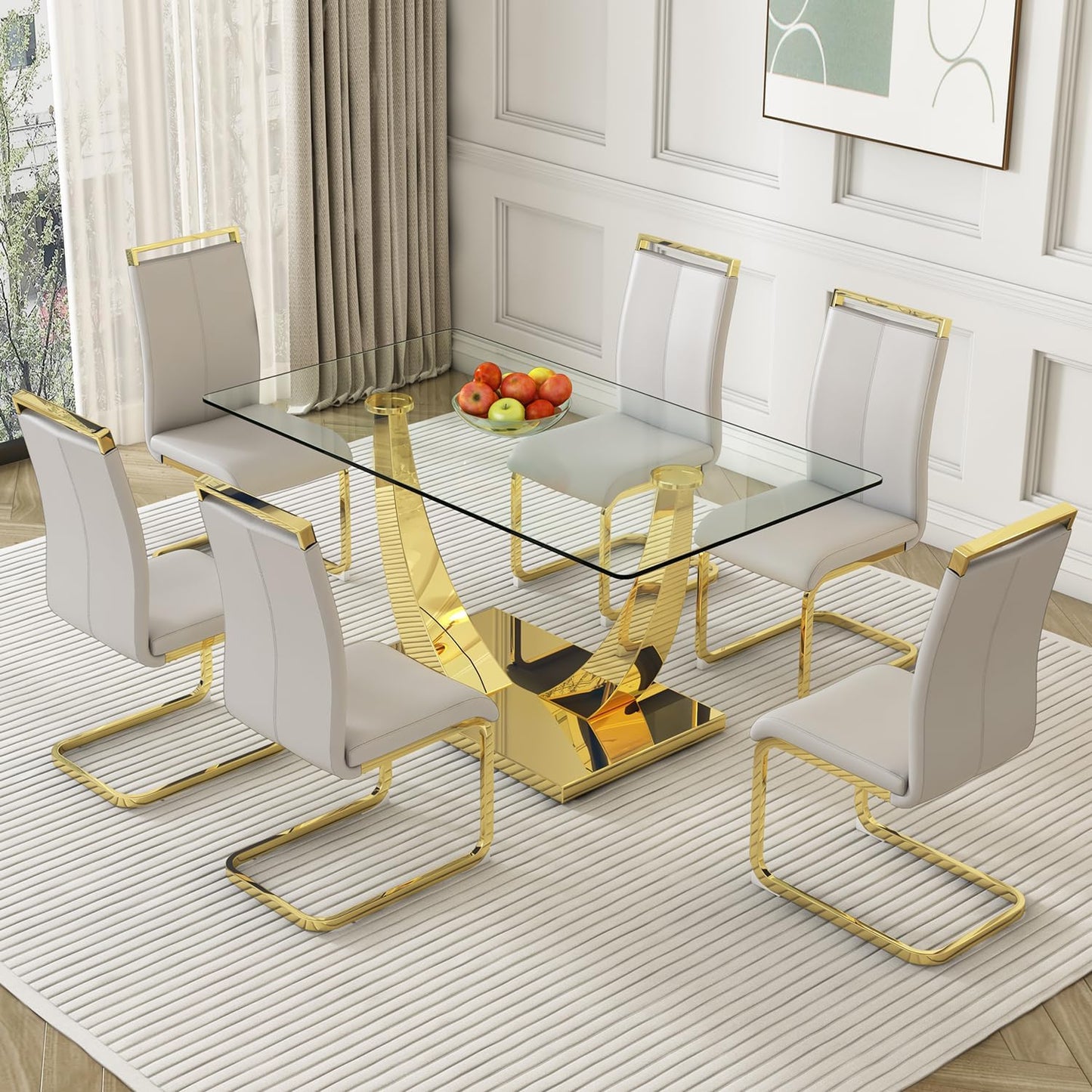 Modern Dining Chairs Set of 6,High Back Light Grey Kitchen Chairs,Faux Leather Side Chair with Gold Plated Metal Legs,Easy to Clean Upholstered Dining Chairs,Ideal for Living Room