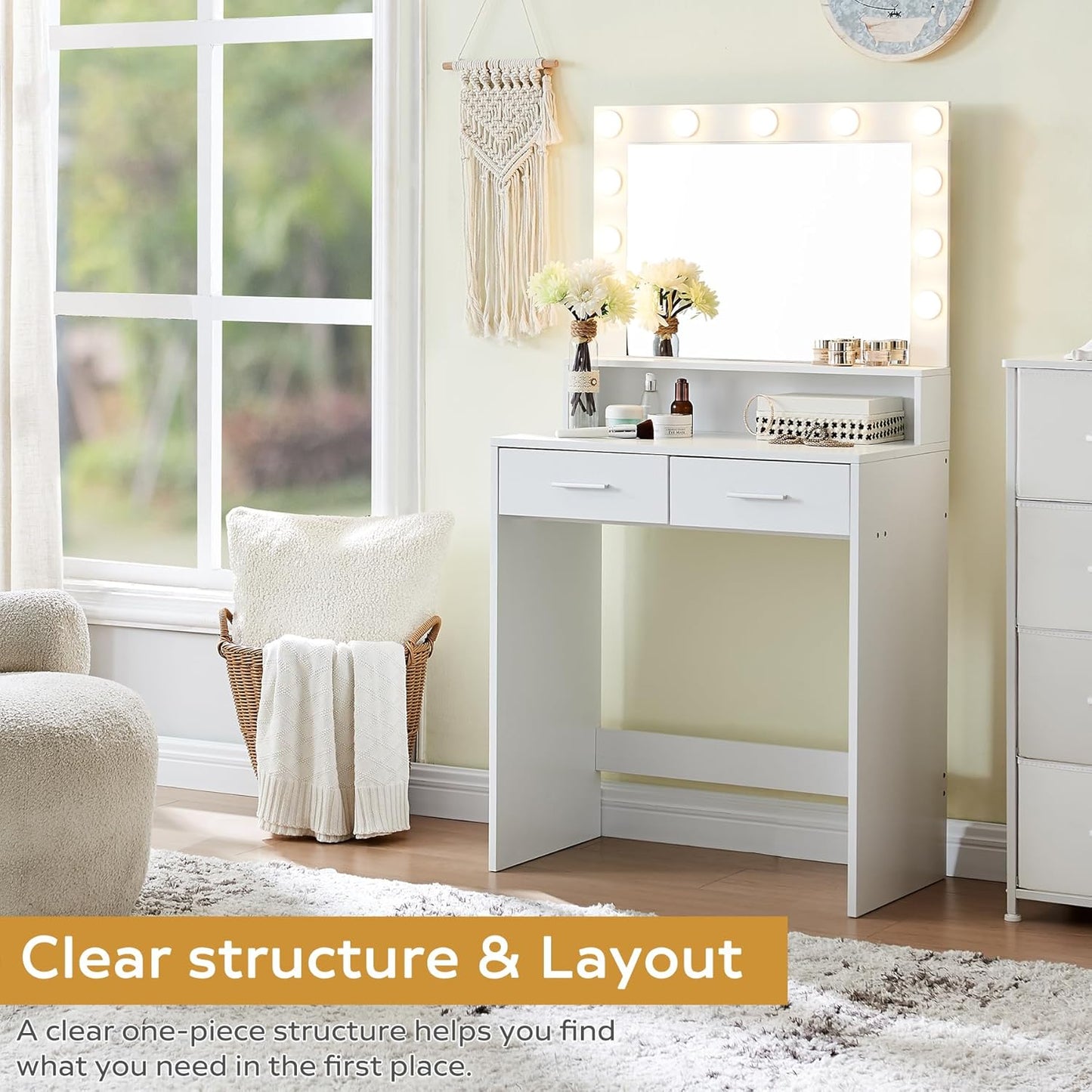 Vanity Desk with Mirror and Lights, Dressing Table with Large Drawer, 2 Level Storage Dresser & 3 Lighting Modes Adjustable Brightness, Suitable for Bedroom