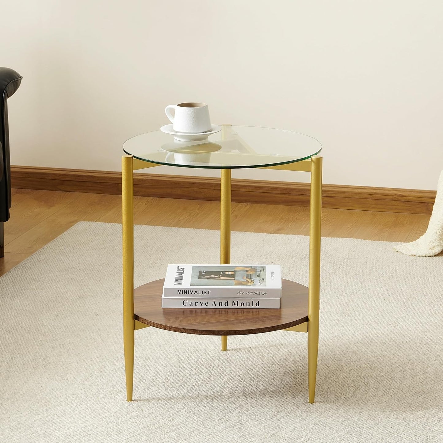 Round End Table, Mid-Century Modern Design, D20*H23 inch, for Living Room, 2-Tier Structure, Clear Glass Top and Walnut MDF Shelf, Sleek Conical Metal Legs with Gold Finish