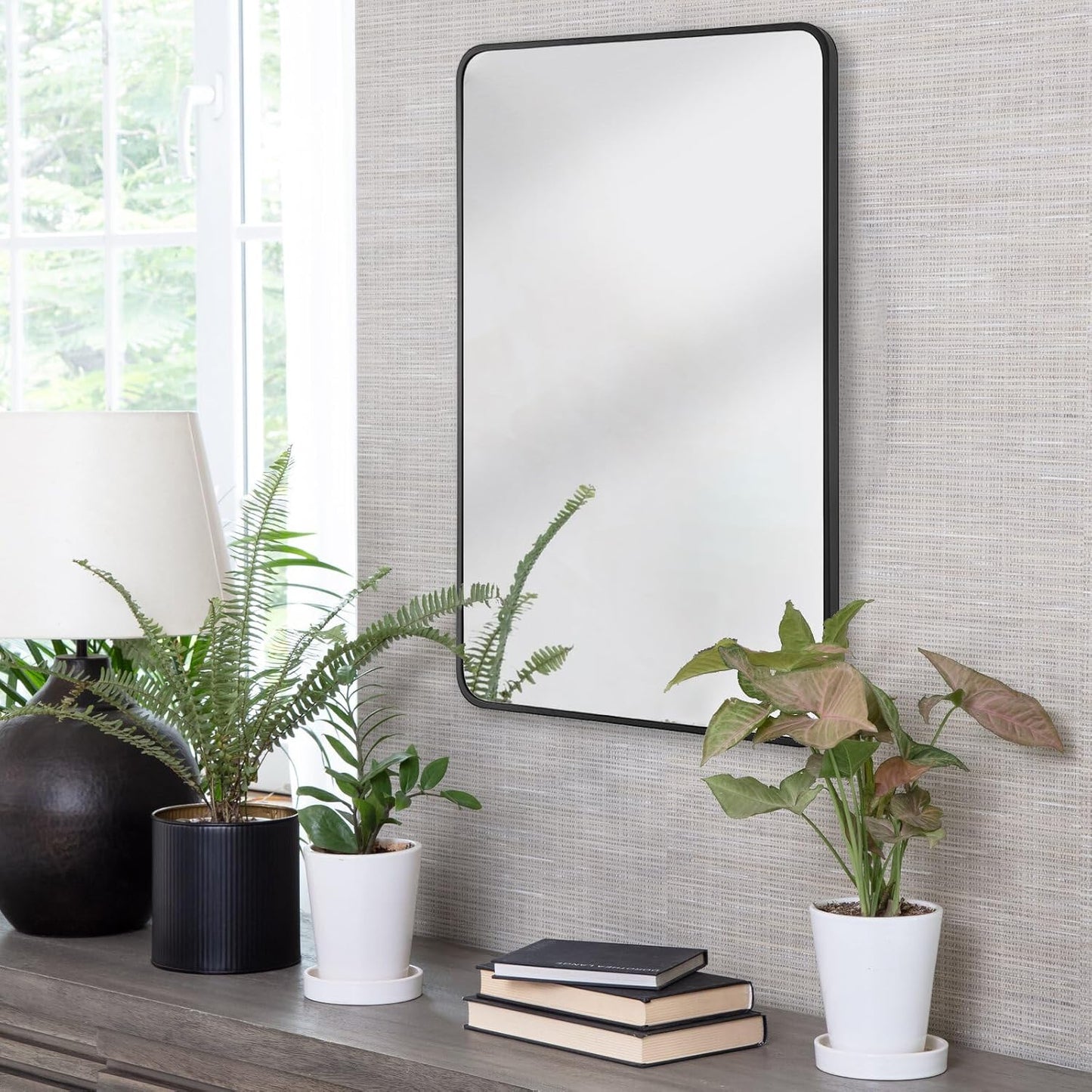 24"x36" Bathroom Wall Mirror with Matte Black Metal Frame & HD Glass, Copper-Free Mirrors Modern Rectangle Round Corner Framed Vanity Mirror - Horizontal or Vertical Installation