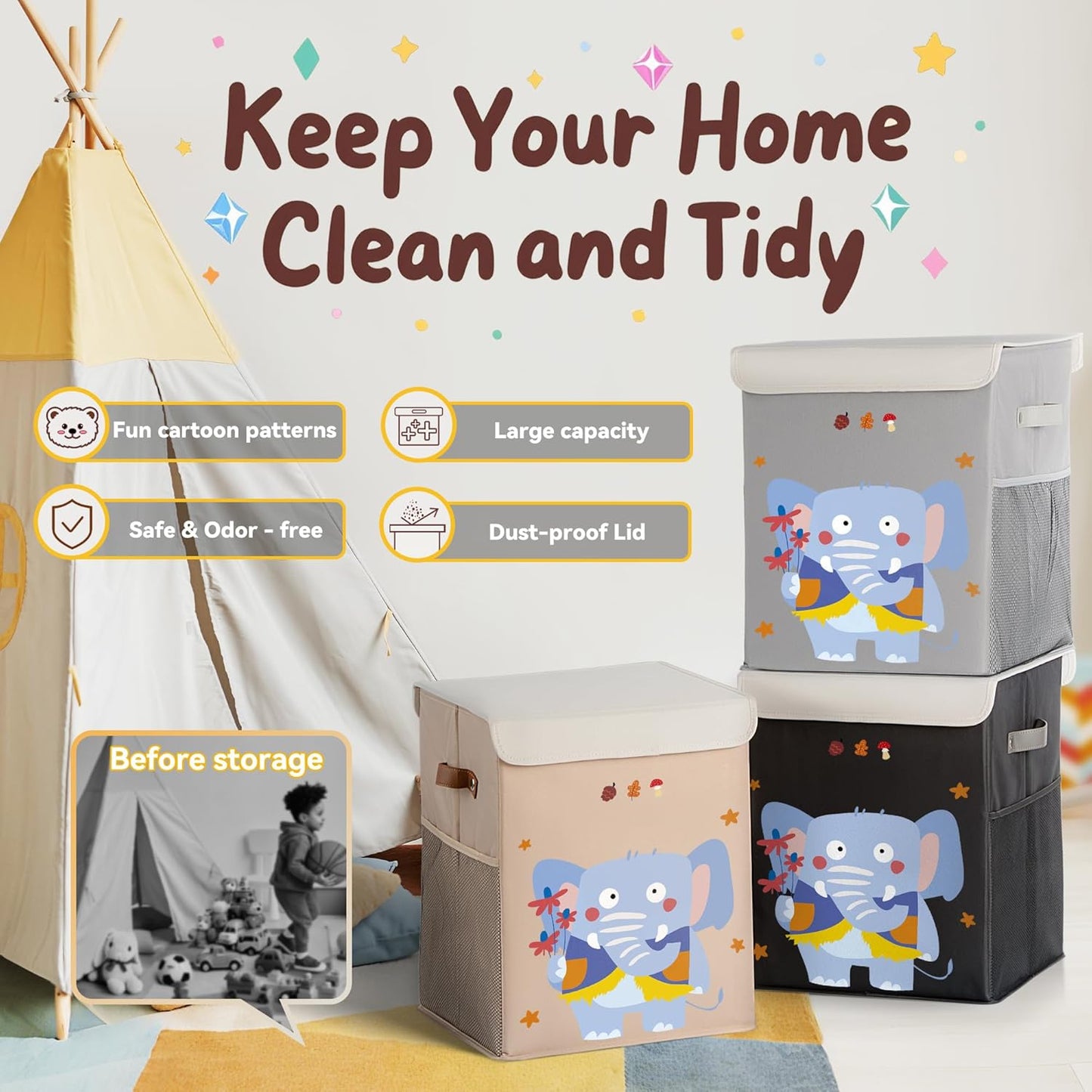 40L Large Toy Storage Box with Lid, Large Toy Box Chest for Kids, Girls and Boys, Nursery Room and Living Room, 13"x13" x16" (grey-animal)