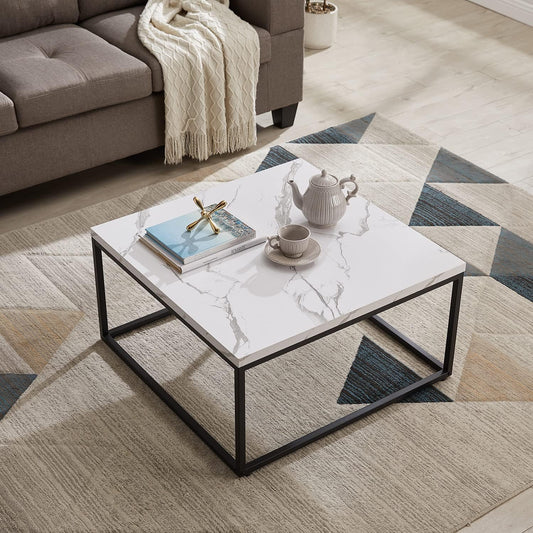CENSI 30"x30" Marble Accent Coffee Table Ottoman for Living Room, Modern Industrial Style, 1.2" Extra Thick Tabletop (White Marble)