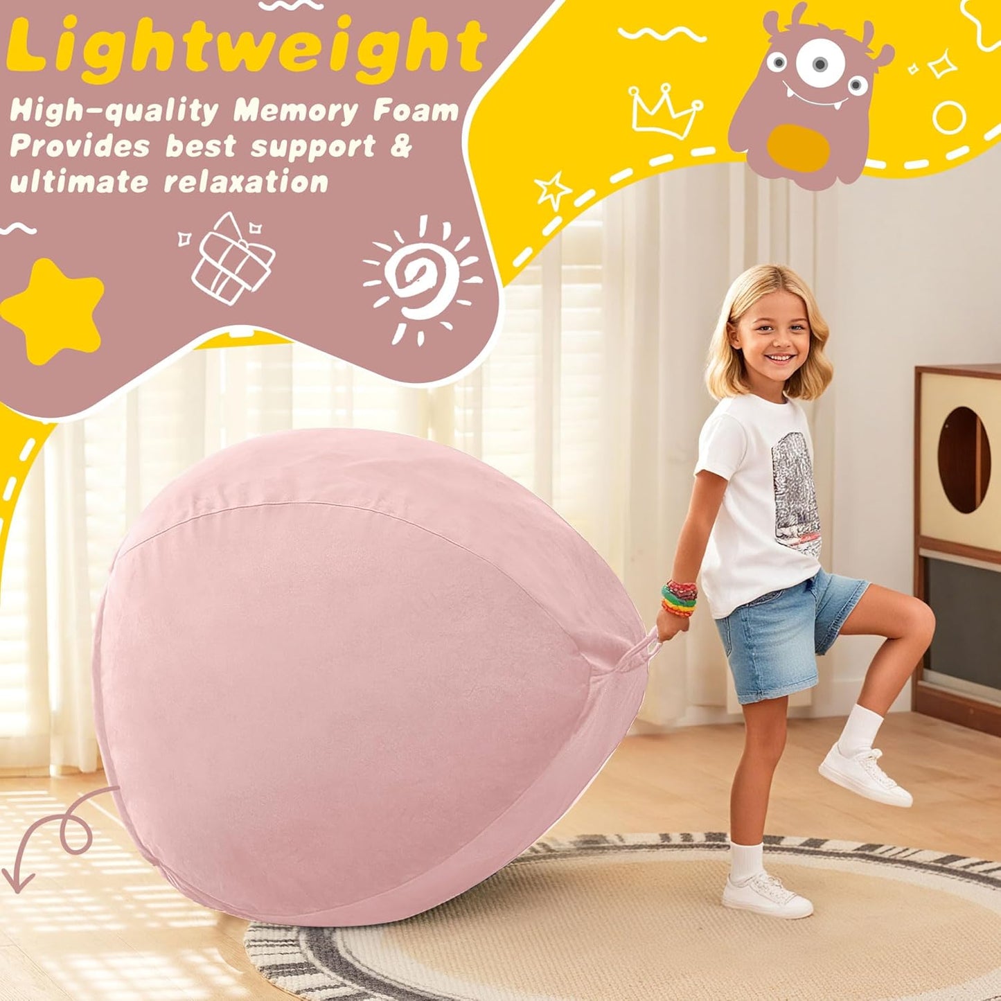 HABUTWAY 2FT Bean Bag Chair, 2' Beanbags Small Bean Bag Chairs with Filling, Teardrop Bean Bag Chair Luxurious Velvet Ultra Soft Fur with Removable Cover (Soft Pink)