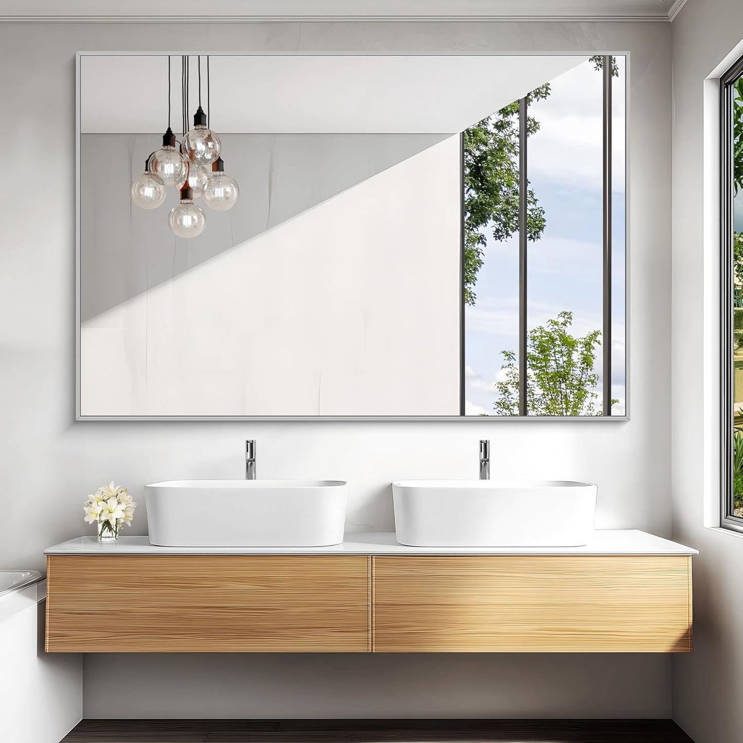 KOCUUY Large Silver Bathroom Mirror, 60x40 inch Rectangular Mirror for Bathroom Sink, Oversized Mirror with Metal Brushed Nickel Frame for Living Room, Farmhouse, Entryway, Hang Horizontal/Vertical