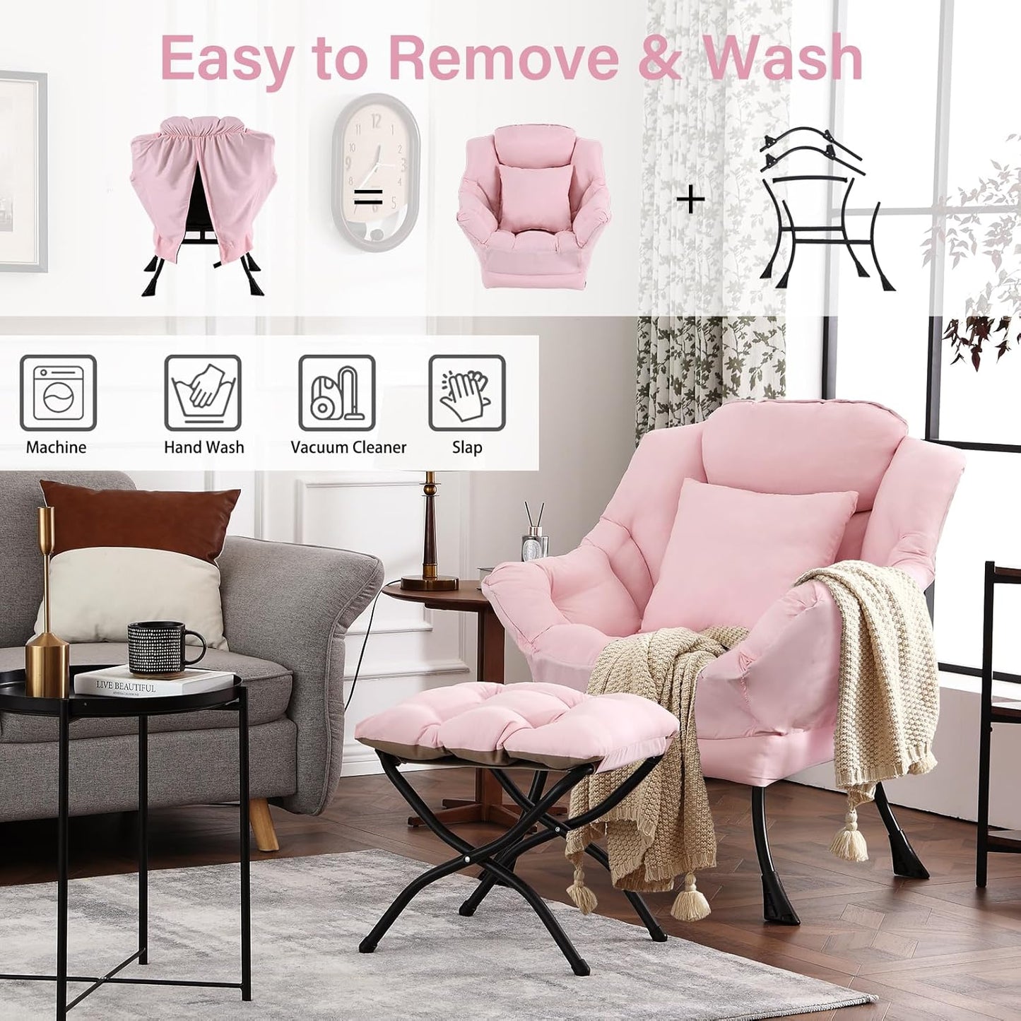 Large Lazy Chair with Ottoman, Accent Reading Chair with a Throw Pillow, Cozy Lounge Armchair, Leisure Sofa Chair for Living Room, Bedroom, Dorm, Peach Pink