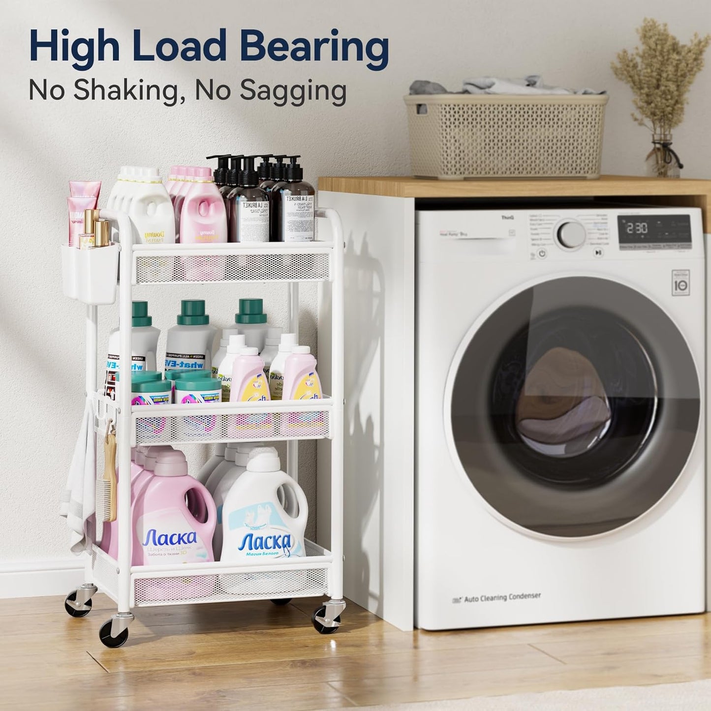 YASONIC 3 Tier Rolling Cart – Metal Utility Storage Cart with Wheels, Craft Carts Organizer with Hanging Cups, Hooks, Mesh Basket for Bedside Kitchen Office Art, White