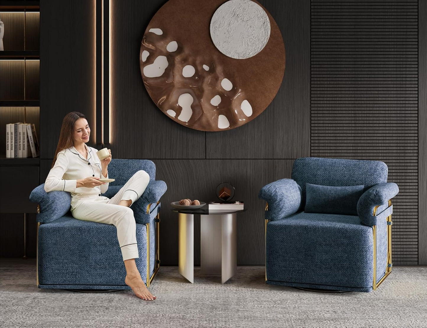 KEIKI Modern Comfy Swivel Accent Reading Chair with Waist Pillows, 360°Square Upholstered Barrel Armchair Single Club Lounge Sofa Chairs for Living Room,Bedroom,Office,Blue