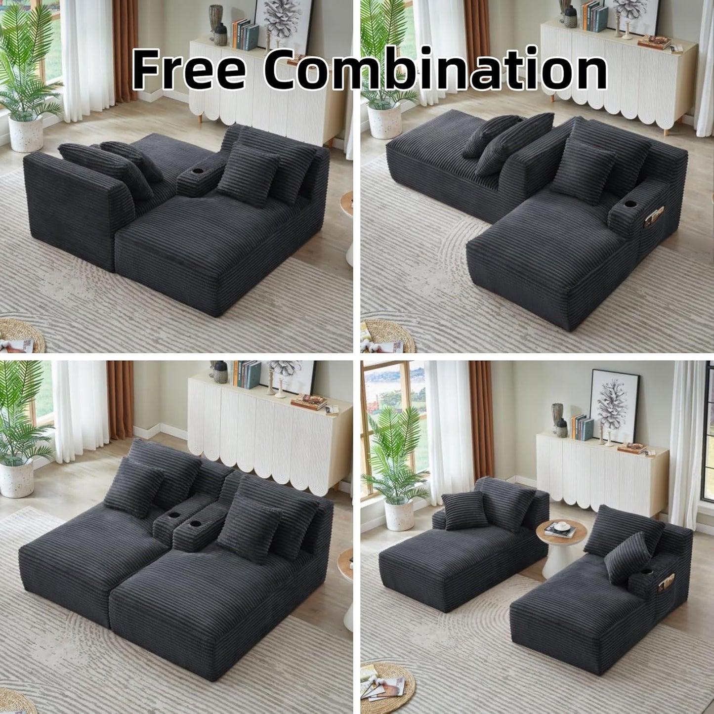 Oversized Sectional Double Chaise Lounge, Compressed Boneless Lounge Chaise with Cupholders, Boneless Sofa with Deep Seat, Fluffy Modern Sleeper Loveseat for Indoor Living Room, Dark Grey
