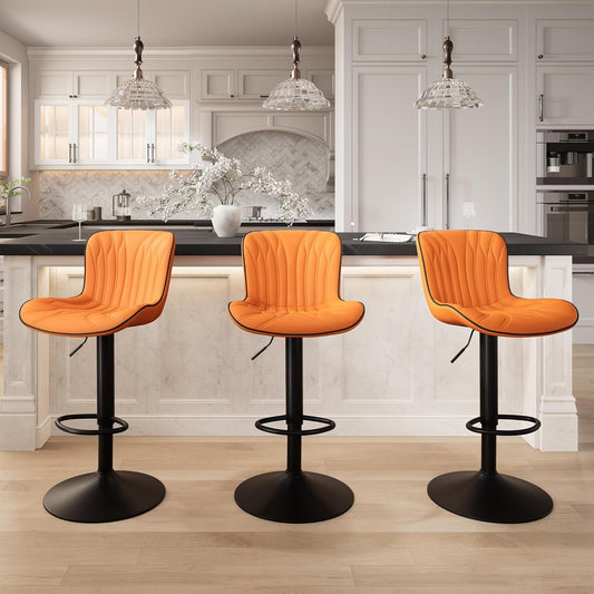 YOUNIKE 3 Orange Bar Stools Modern Swivel Counter Height Bar Chair with Back Adjustable Kitchen Island Faux Leather Padded Barstools taburetes de bar Breakfast sillas para barra de cocina 3PCS