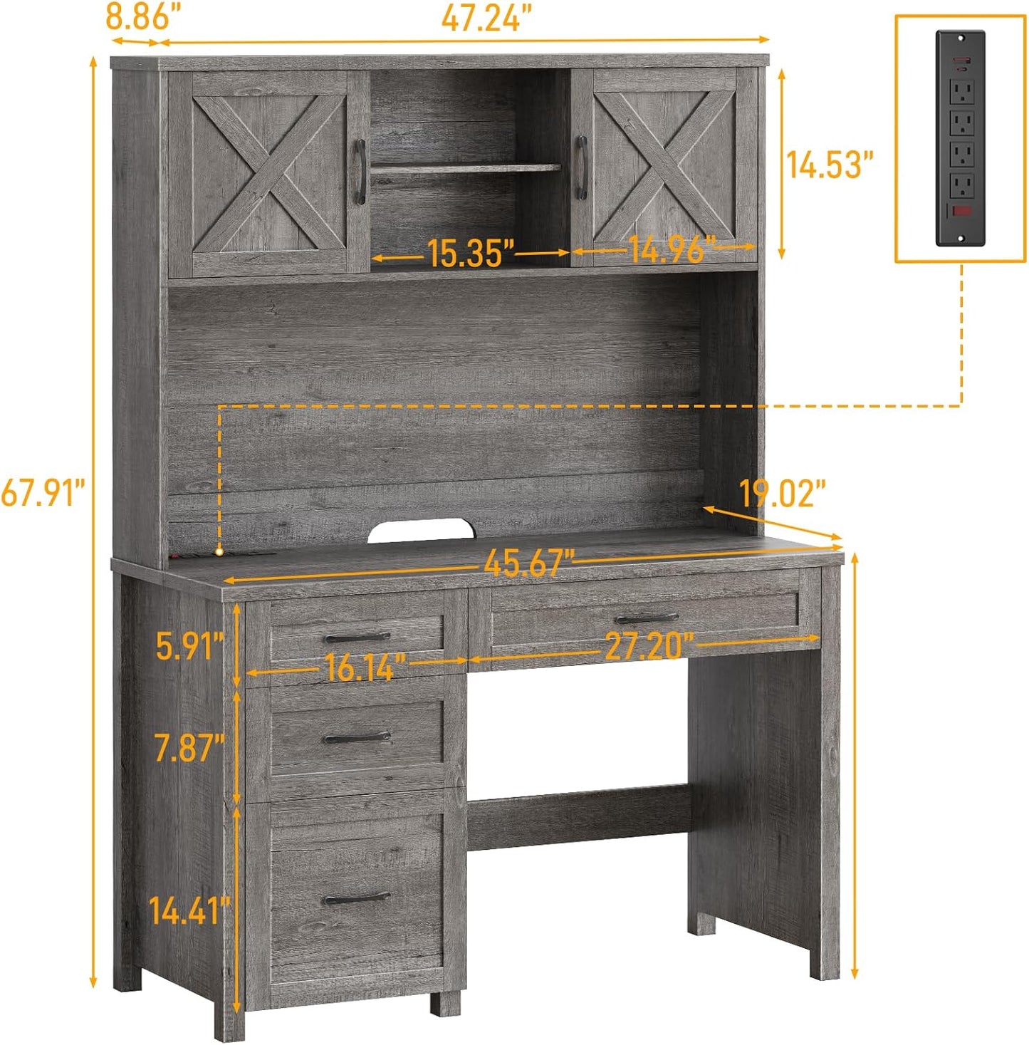 Farmhouse 67" H Executive Desk with Hutch,Office Desk with 4 Drawers and LED Light, Computer Table with Storage Cabinet & File Drawers and Charging Station, Wood Workstation for Home Office and Study
