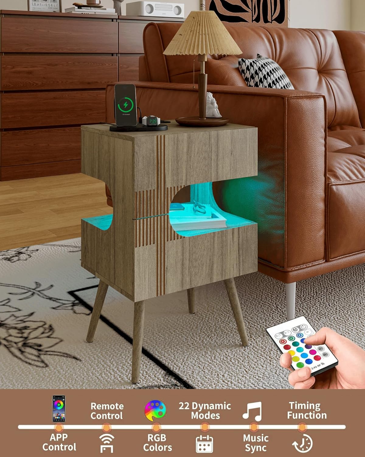 Nightstand with Charging Station and LED Lights,Modern Bedside Table with 2 Storage Drawer,Night Stand with Solid Wood Legs,White (Grey Osk)