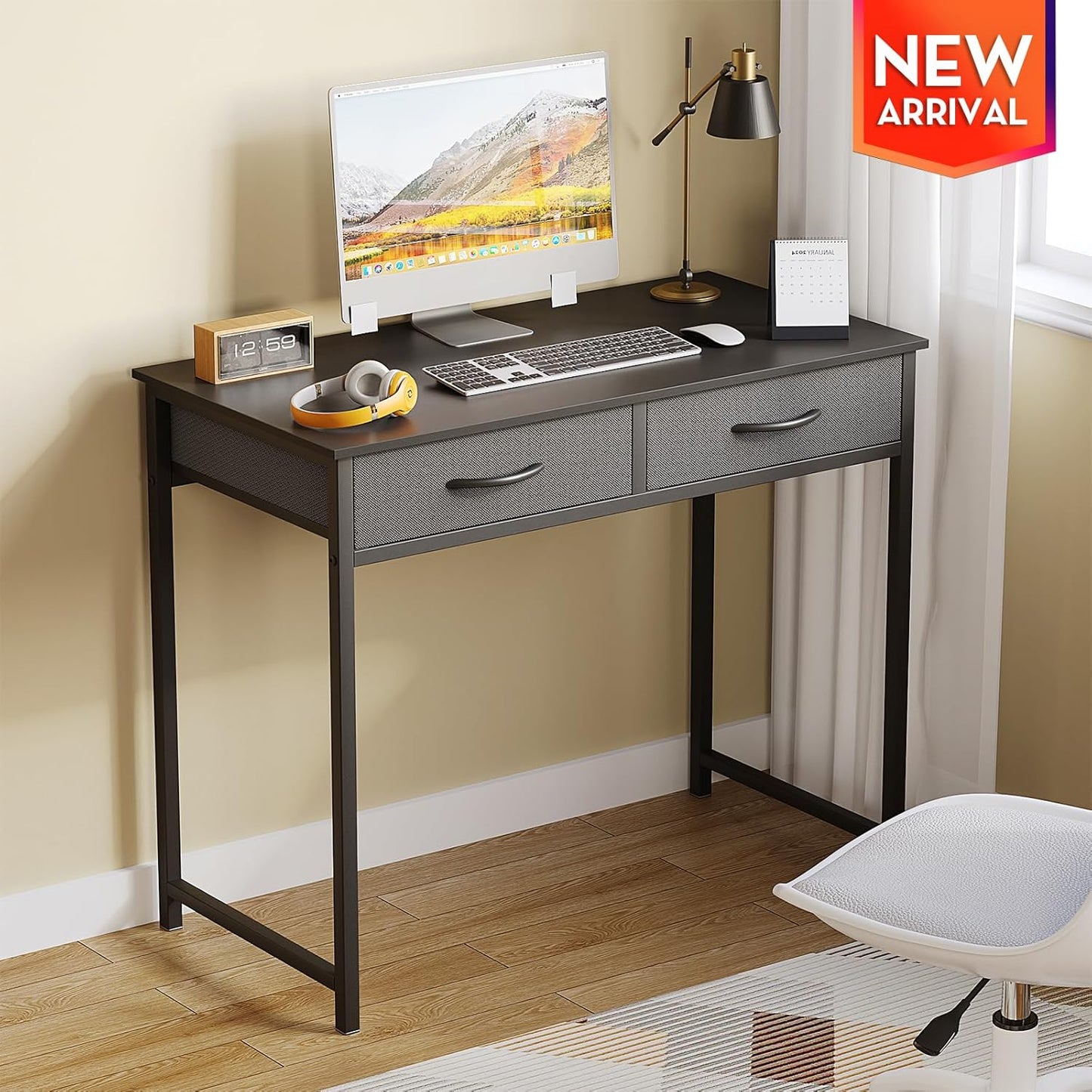 WOHOMO Small Computer Desk with Drawers, 31.5 Inch Black Vanity Desk with Storage, Home Office Computer Desk for Small Spaces, Modern Work Writing Study Table, Black
