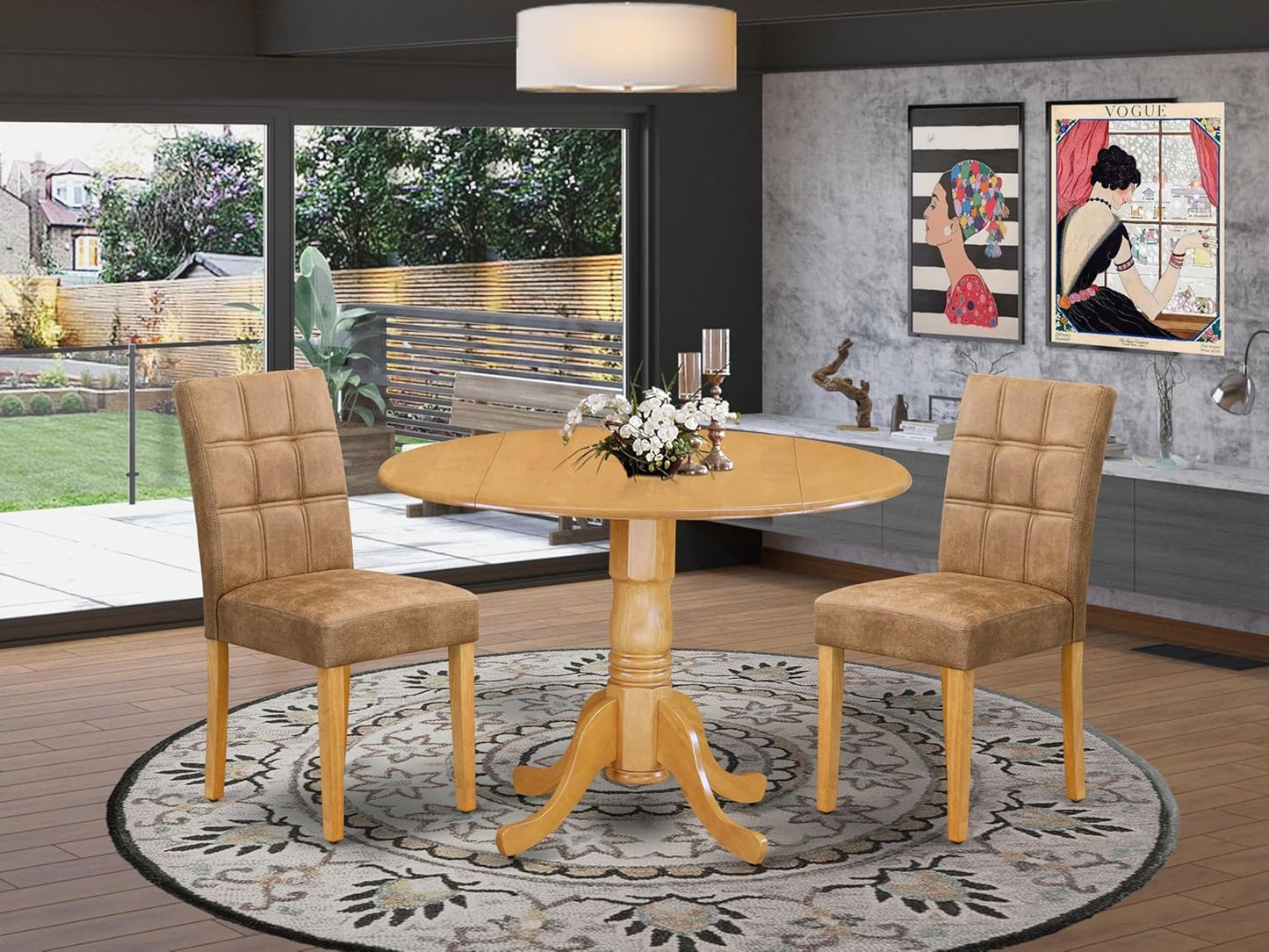 East West Furniture DLAS3-OAK-28 3 Piece Dining Table Set Includes A Wooden Table and 2 Brown Textured Polyester Fabric Mid Century Modern Chairs, Oak