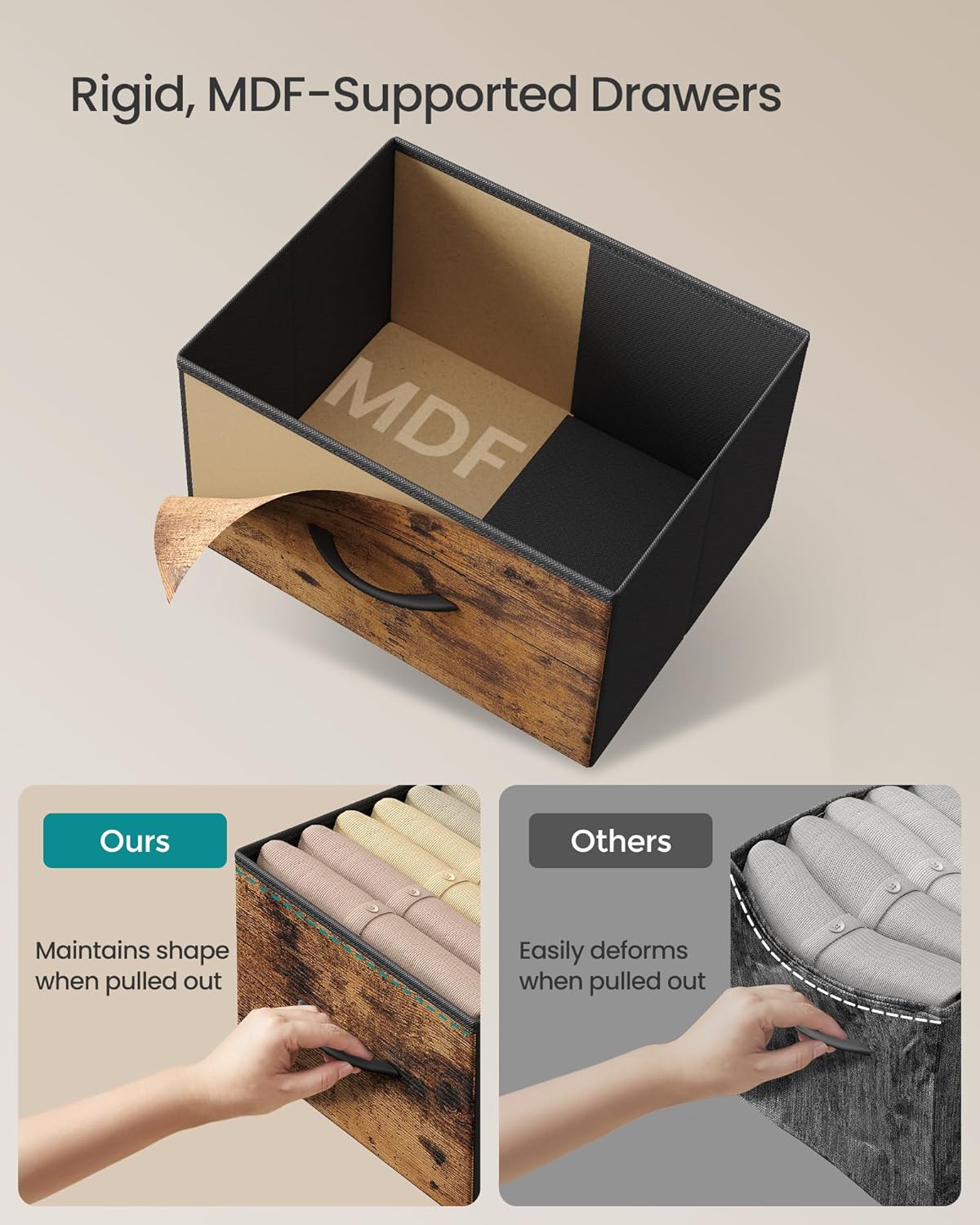 SONGMICS Dresser for Bedroom, Chest of Drawers, TV Stand, Steel, MDF, 7 Non-Woven Fabric Drawers, Storage Organizer Unit, Closet, Entryway, Rustic Brown and Ink Black ULGS323B02S