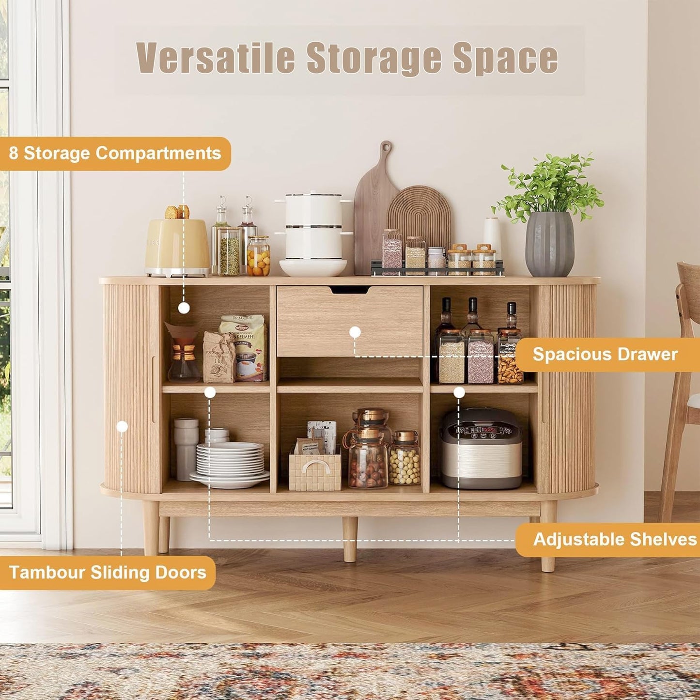 LINSY HOME Sideboard Buffet Cabinet with Storage, 55" Fluted Coffee Bar Cabinet with Tambour Sliding Doors and Drawer, Mid Century Modern Wood Storage Buffet Table for Kitchen, Living Room, Oak