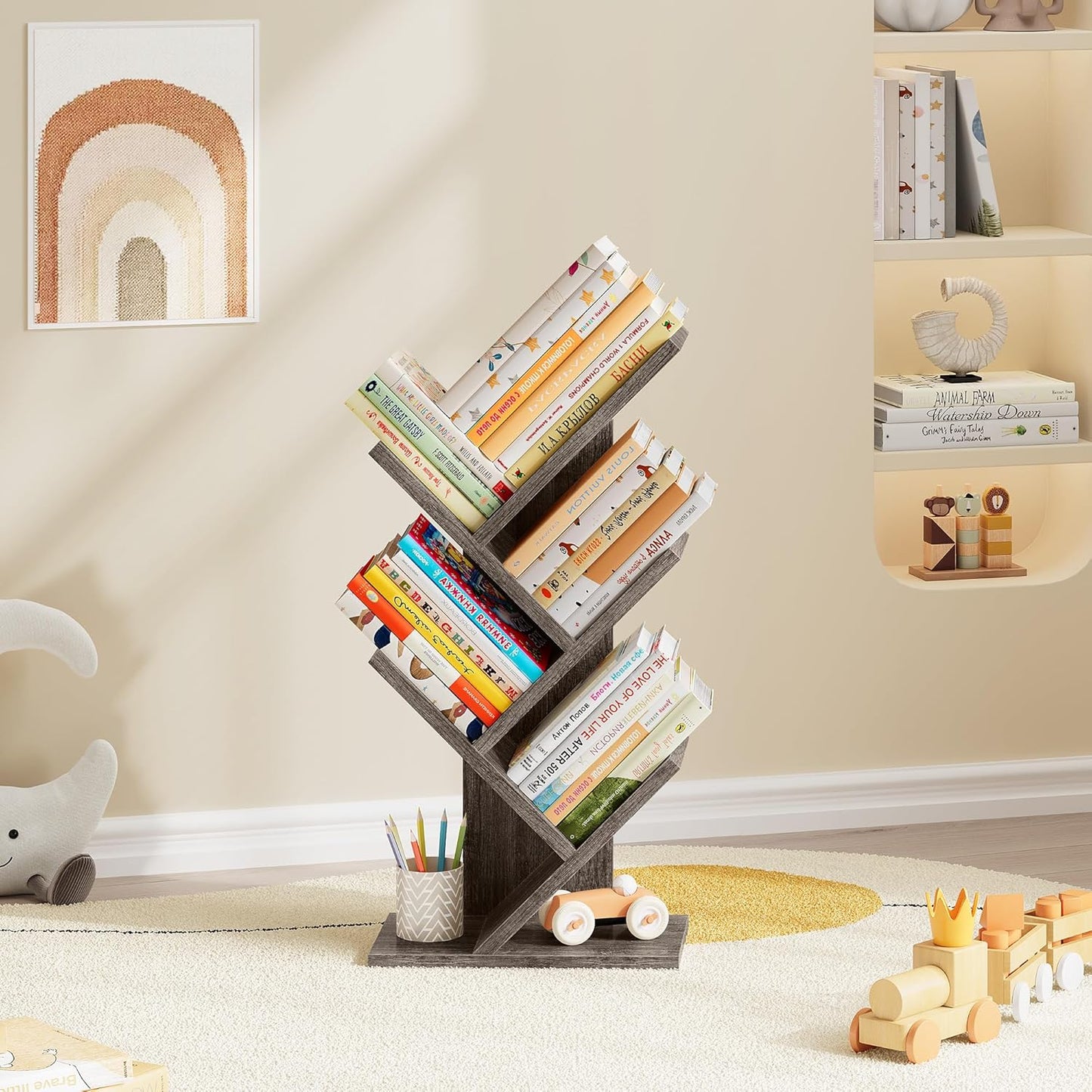 Hoctieon 4 Tier Tree Bookshelf, 4 Shelf Bookcase, Free Standing Tree Bookcase, Display Floor Standing Shelf for Books, Book Organizer Shelves for Home Office, Living Room, Bedroom, Grey