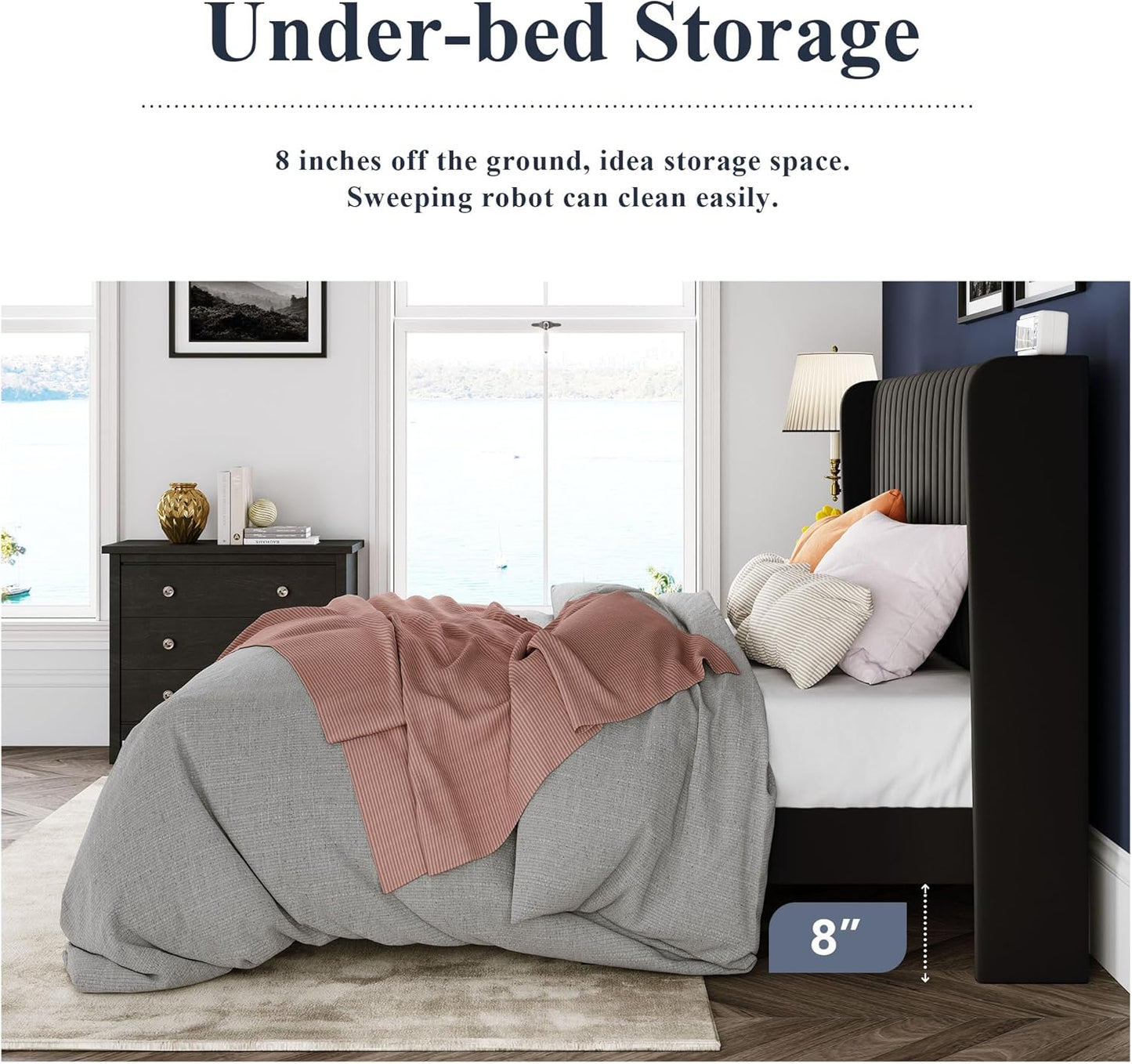 Allewie King Size Velvet Bed Frame/Vertical Channel Tufted Wingback Headboard/Upholstered Platform Bed/Strong Wooden Slats/No Box Spring Needed/Easy Assembly/Black