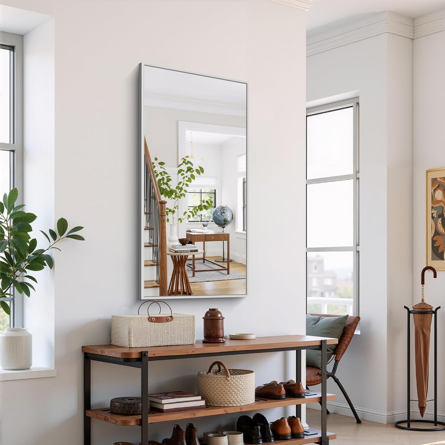 YIROMAN Bathroom Mirror 48"x24", Large Brushed Silver Bathroom Mirror for Over Sink with Aluminum Frame, Rectangular Vanity Mirror with Right Angle, Wall Mirror Hangs Horizontal or Vertical