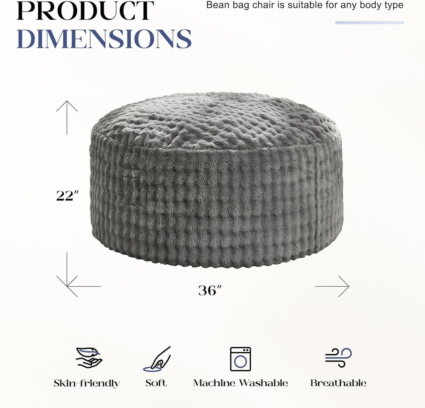 Hobestluk Bean Bag Chairs 3ft Beanbag Chair with Filler Adult Bean Bags with Fluffy & Machine Washable Cover, Giant Bean Bag Chairs for Adults (Grey, 3FT-36" x 36" x 22")