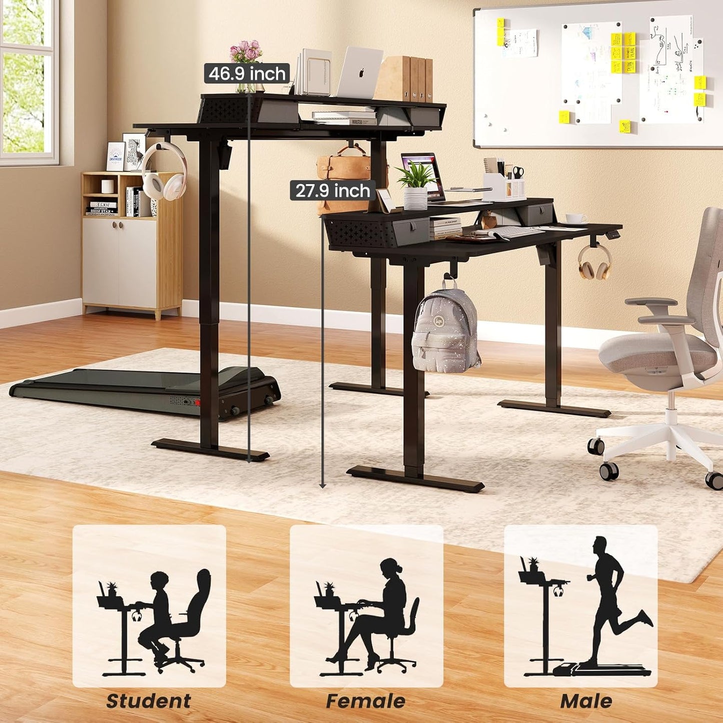 Standing Desk with Drawers and Brushless Motor,Electric Height Adjustable Desk for Walking Pad,Ergonomic Stand Up Desk for Home Office & Gaming,3 Memory Height Preset & Hooks(48" x 24",Black)