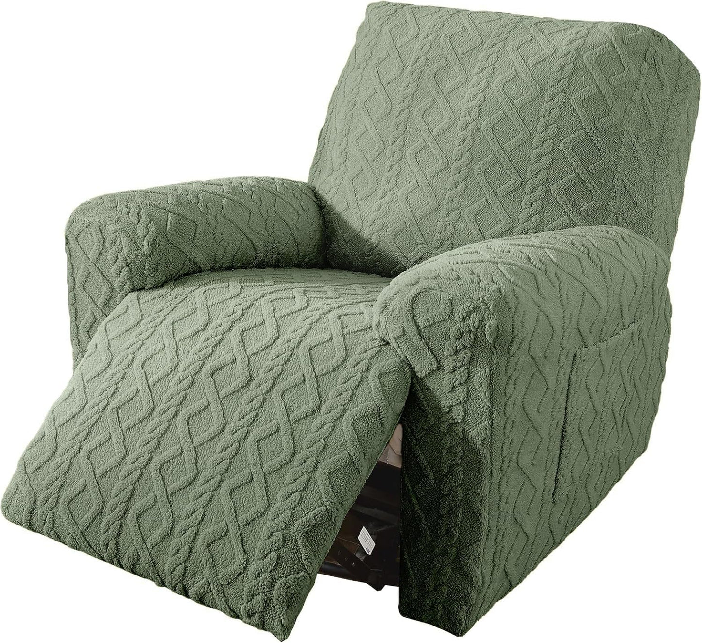 vctops Christmas Green 4 Pieces Geometric Jacquard Plush Recliner Slipcovers Soft Fuzzy Fluffy Sofa Couch Cover Anti-Slip Furniture Protector with Elastic Bottom for Kids Cats Dogs(Green,1 Seat)