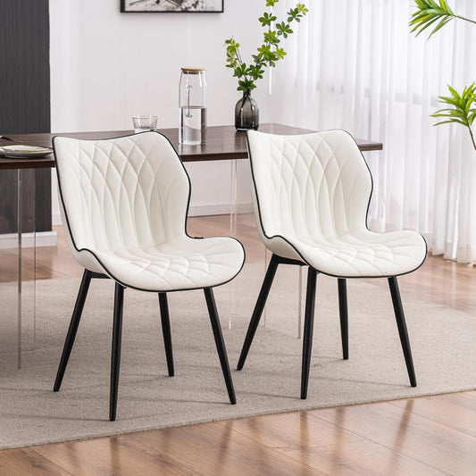 YOUNIKE Dining Chairs Set of 2, Upholstered Faux Leather Dining Room Chairs with Wide Curved Back and Adjustable Metal Legs, White