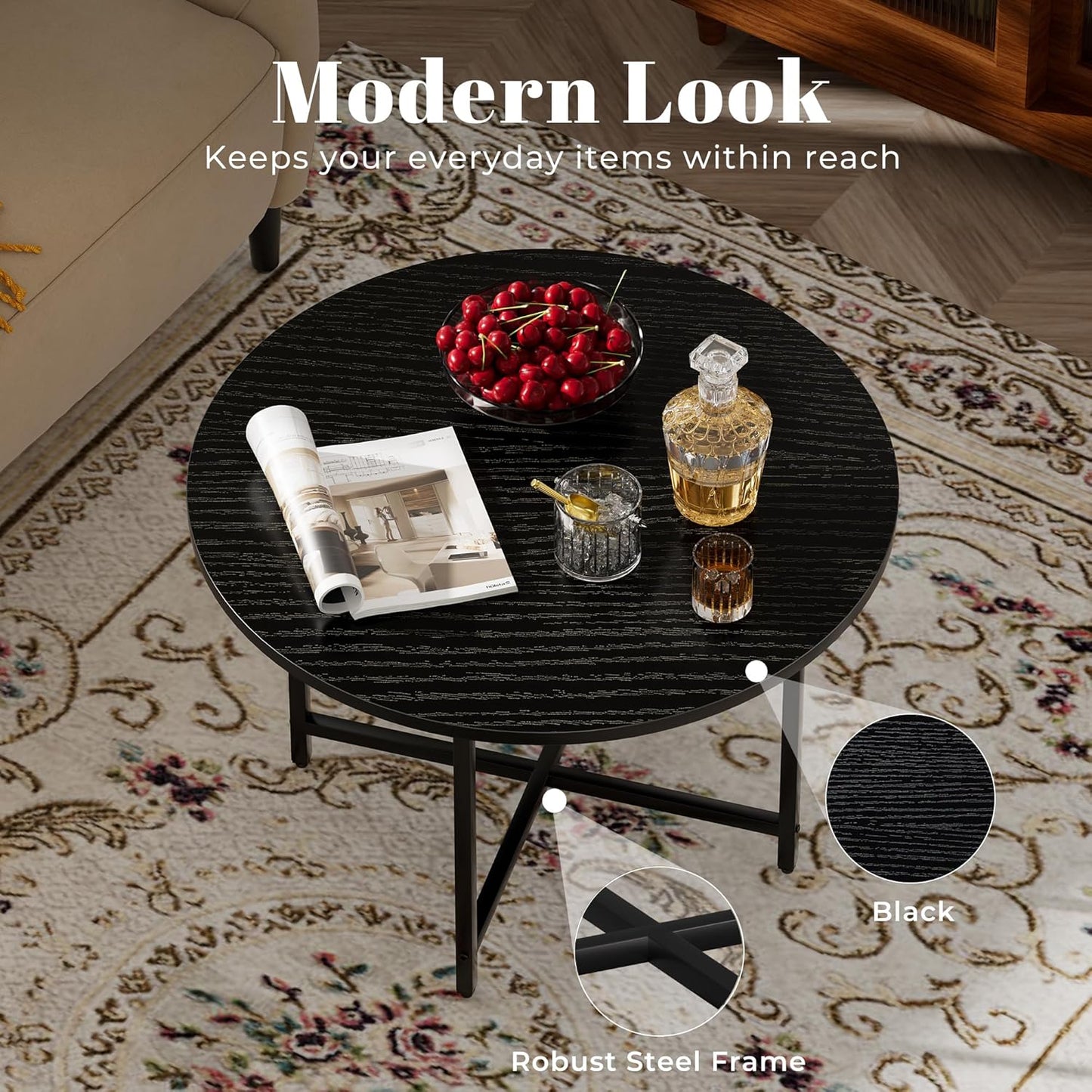 Round Coffee Table, Small Coffee Tables for Living Room, Wood Coffee Table with Metal Frame, Floor Table Desk for Sitting on The Floor, Home, Office, Farmhouse, Black (23.6" D x 17.7" H)