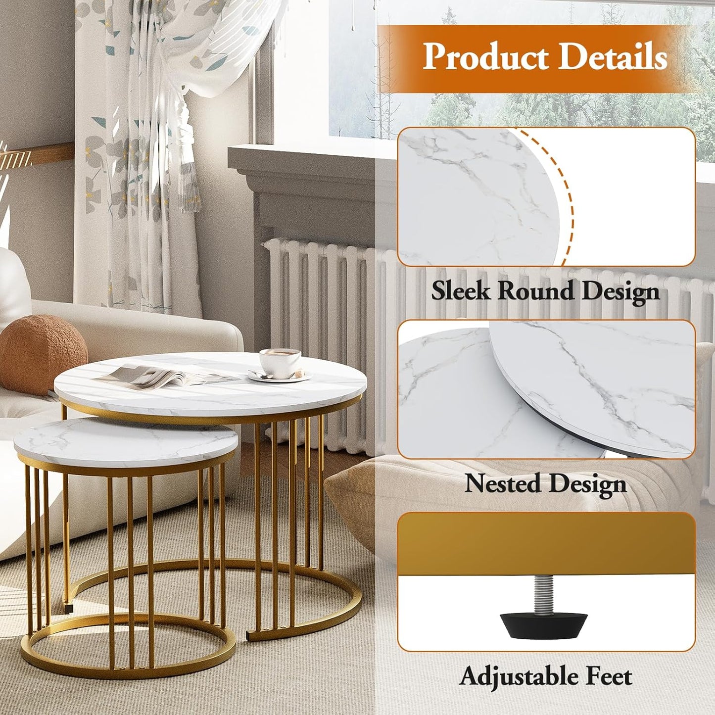 Garden 4 you Coffee Table Faux Marble Nesting Table for Small Place 2 Sets Modern Furniture Living Room Sets End Side Table Night Stand for Bed Room Dining Room (White & Gold)