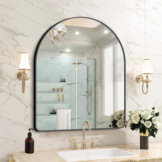 FORBATH Arched Bathroom Mirror 30x36 Inch, Bathroom Mirror Wall Mounted Modern Black Aluminum Frame Decor Dresser Mirror for Bedroom Living Room Entryway, Hanging or Leaning Against Wall