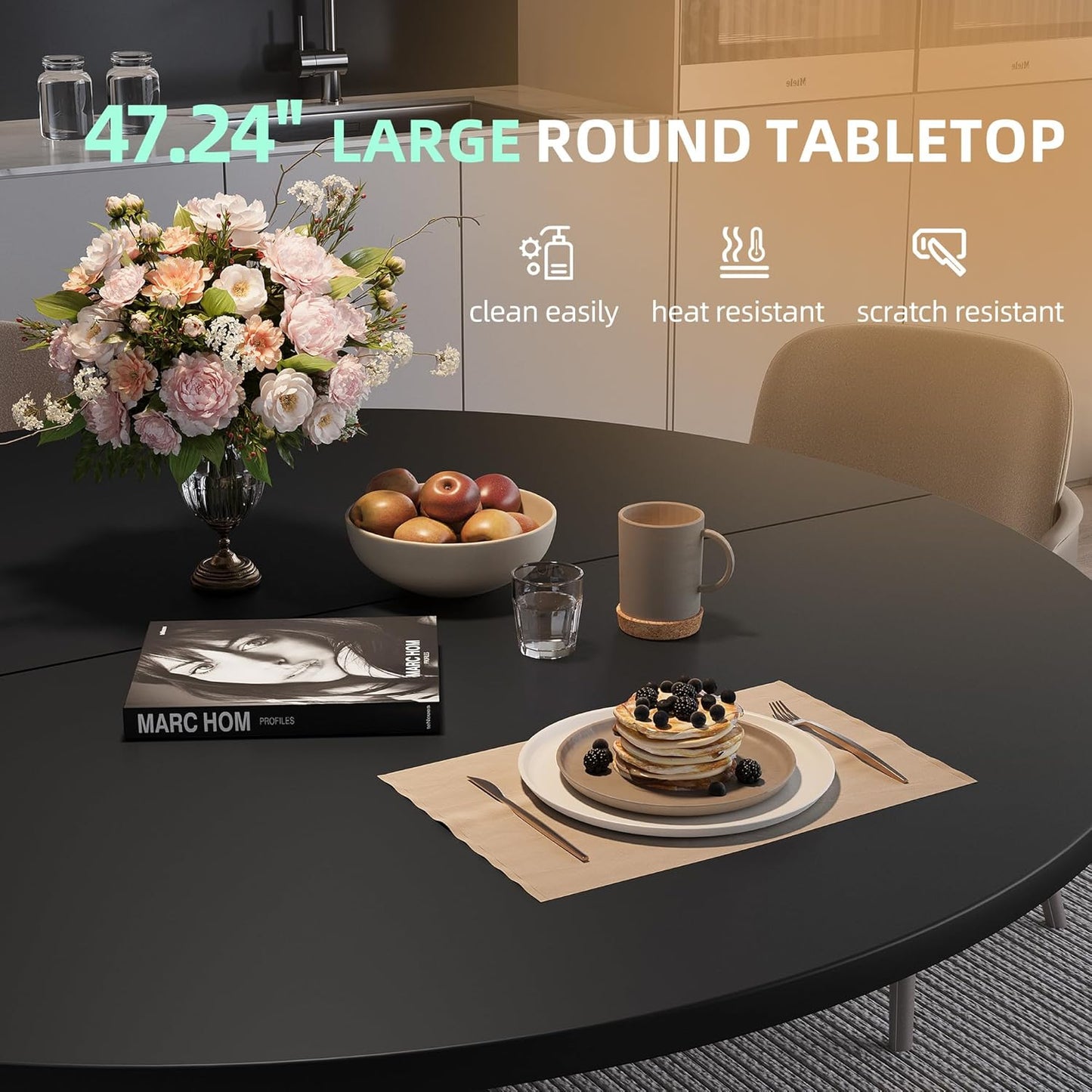47.24" Round Dining Table for 4-6 Person, Round Kitchen Table with Wood Top, Circle Dinner Pedestal Tables with Metal Legs for Dining Room Kitchen (Black)