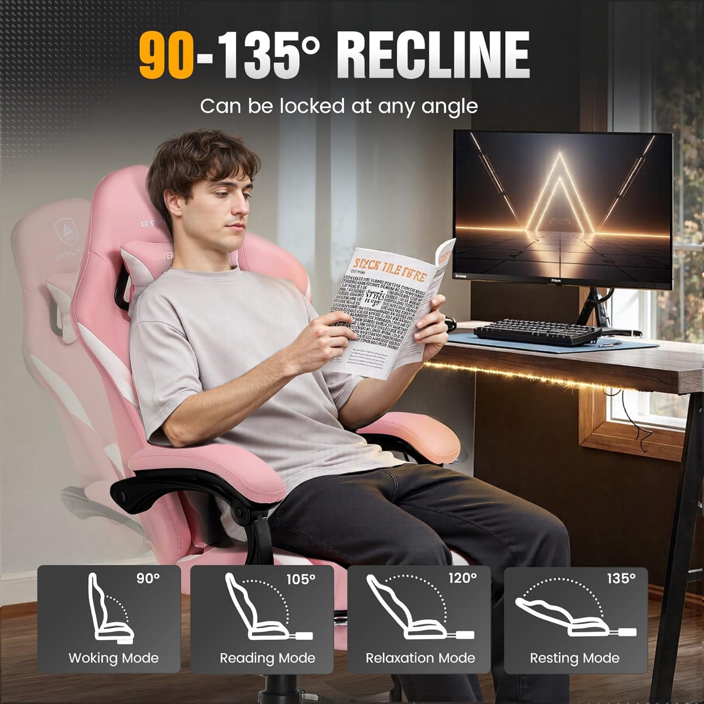 GTRACING Gaming Chair with Foot Rest & Pocket Spring Cushion, Ergonomic High Back Computer Chair with Headrest & 360°-Swivel Seat for Home Office Desk, PU Leather, Pink