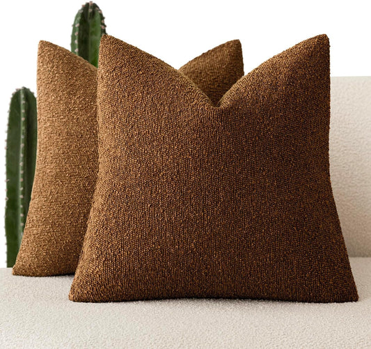 Foindtower Set of 2, Decorative Textured Boucle Throw Pillow Covers Accent Solid Pillow Cases Neutral Soft Cozy Couch Cushion Case for Chair Sofa Bedroom Living Room Home Decor 24x24 Inch Hazel Brown