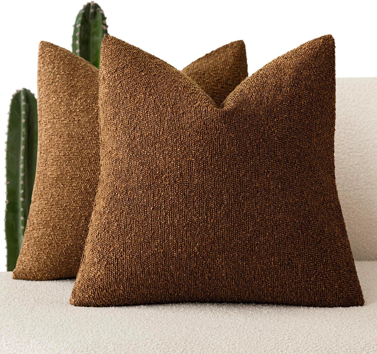 Foindtower Set of 2, Decorative Textured Boucle Throw Pillow Covers Accent Solid Pillow Cases Neutral Soft Cozy Couch Cushion Case for Chair Sofa Bedroom Living Room Home Decor 26x26 Inch Hazel Brown