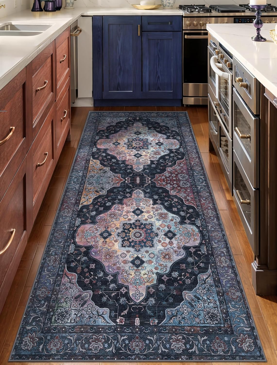 Tangsoo 2x6 Washable Runner Rug for Hallways, Non Slip Vintage Runner, Soft Low Pile Long Rug Runner, Print Distressed Navy/Mlulti Carpet Runners for Kitchen Bedroom Entryway Bathroom Living Room