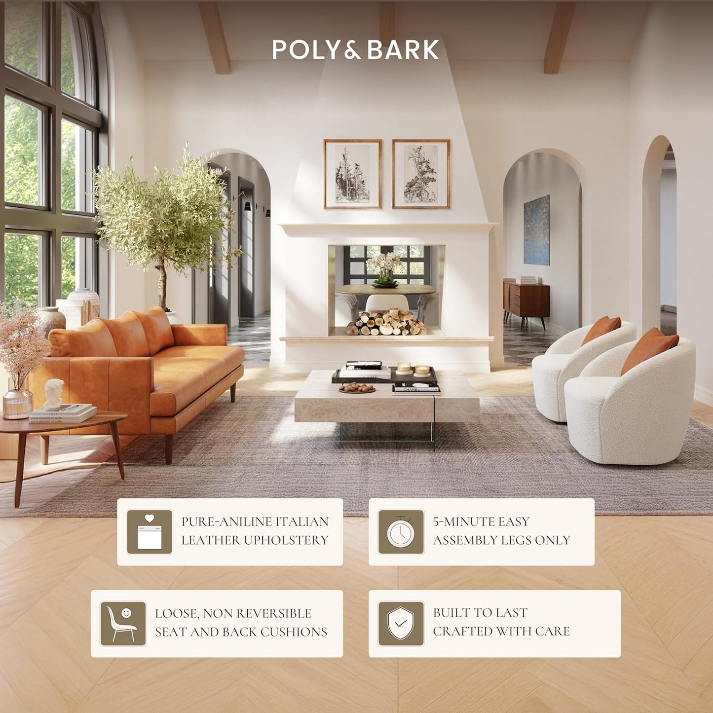 Poly & Bark Girona Leather Couch - 88 Inch Sofa with Tufted Back - Sofa for Living Room with Feather-Down Topper - Living Room Couch - Full-Grain Vintage Italian Leather in Cognac Tan