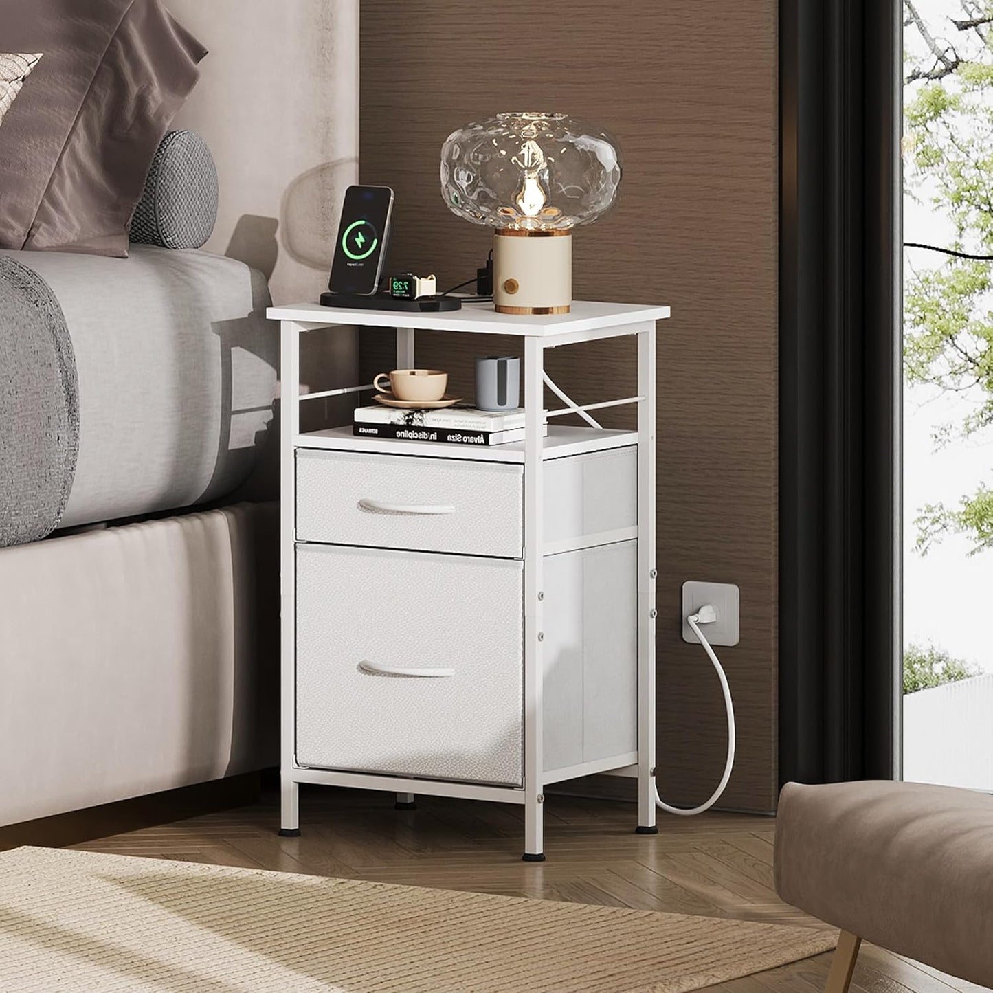 WLIVE Night Stand with Charger Station, White Nightstand with 2 Fabric Drawers, Bedside Table, Small Dresser for Bedroom, Side Table with USB Ports and Outlets