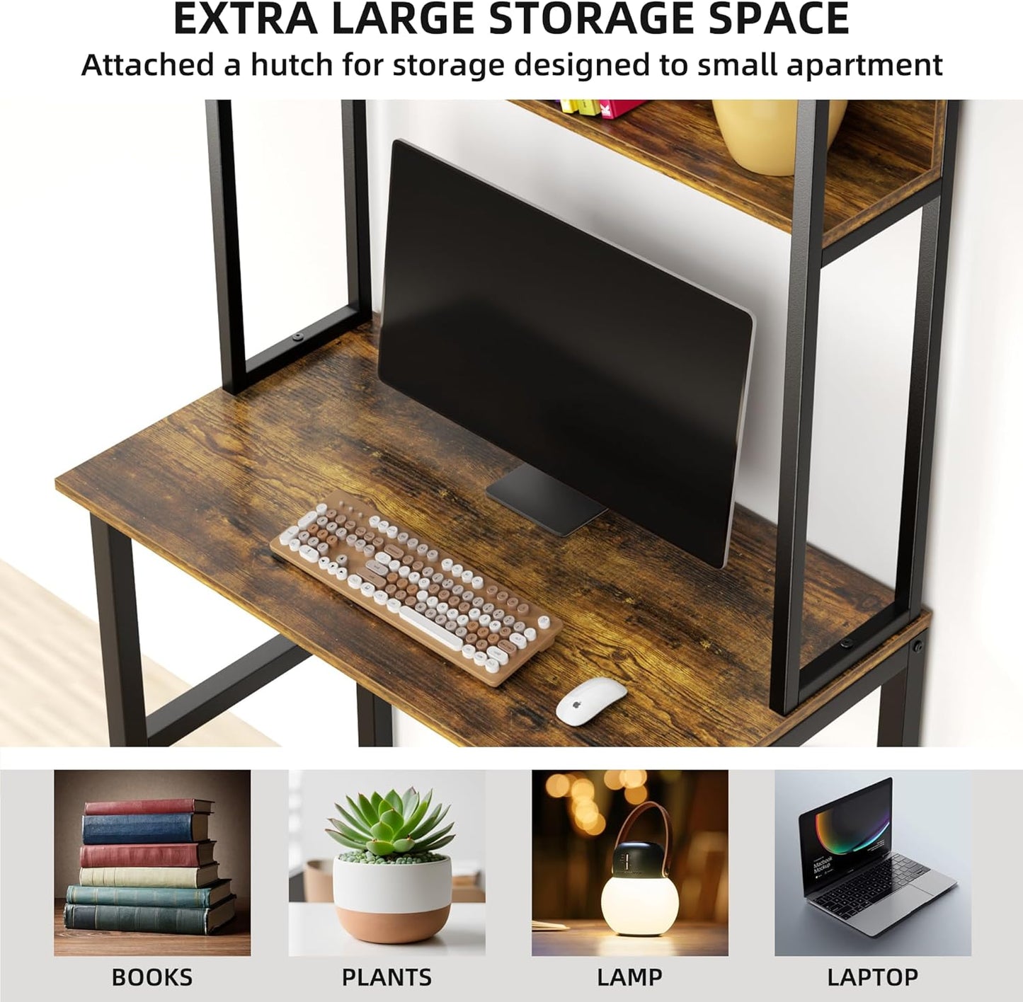 Aquzee 31 Inch Desk Hutch, Teen Desk with Shelves, Study Desks with Storage, Computer Desks for Small Spaces, Kids, Student, Space Saving, Easy Assemble, Rustic Brown