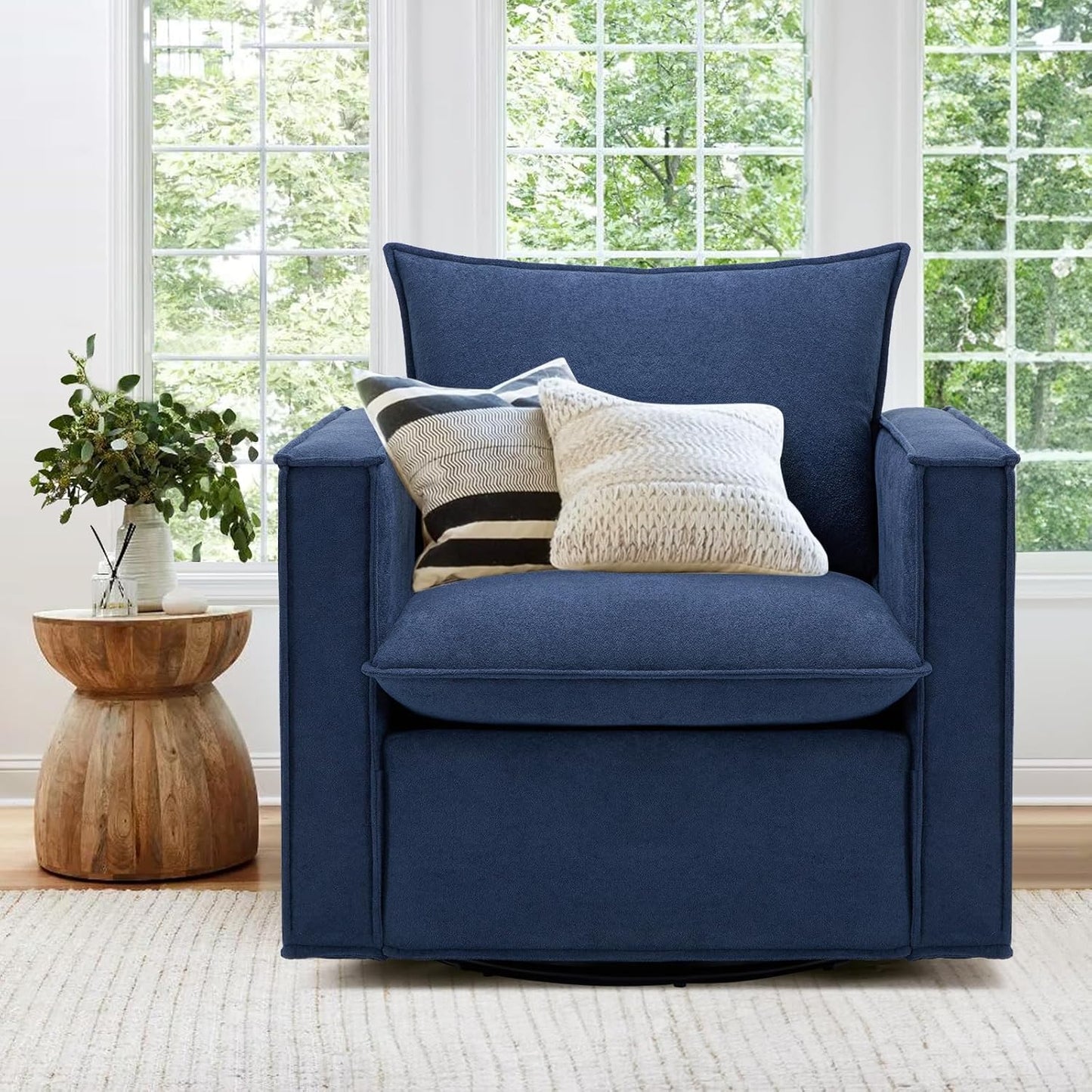 COLAMY Swivel Accent Chair, 34in Living Room Chair Upholstered Armchair with Back Pillow Modern Comfy Sofa Chair for Bedroom/Corner/Reading, Blue