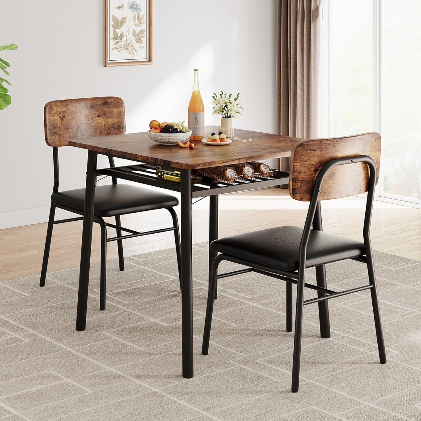 GarveeHome Dining Table for 2 with Storage Rack, Small Kitchen Table for 2 with Metal Frame, Square Table with Upholstered Chairs Set of 2, 3-Piece Dining Room Set for Small Space, Apartment, Brown