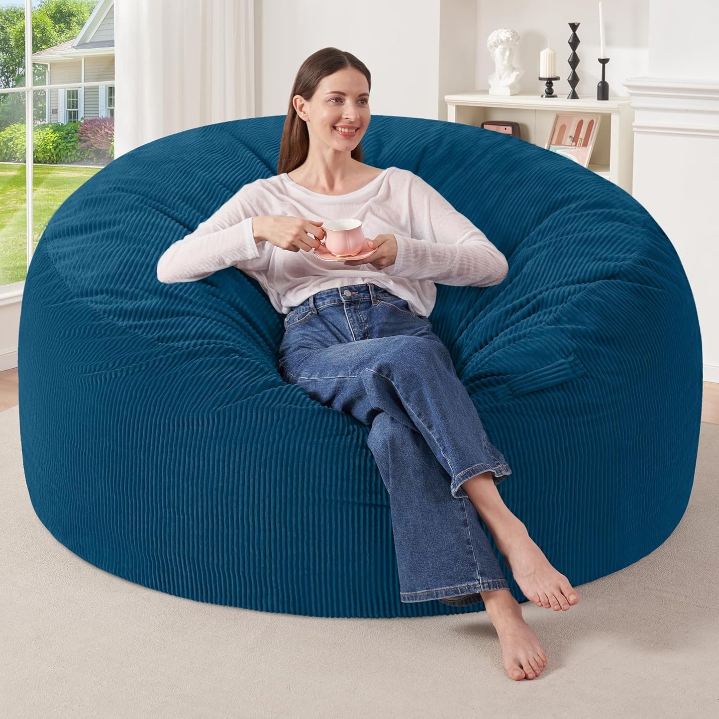 HABUTWAY 5FT Bean Bag Chair,Giant Bean Bag Chairs for Adults,Big Bean Bags with Memory Foam Filled, Large Beanbag Chairs with Soft Corduroy Cover-Dark Blue
