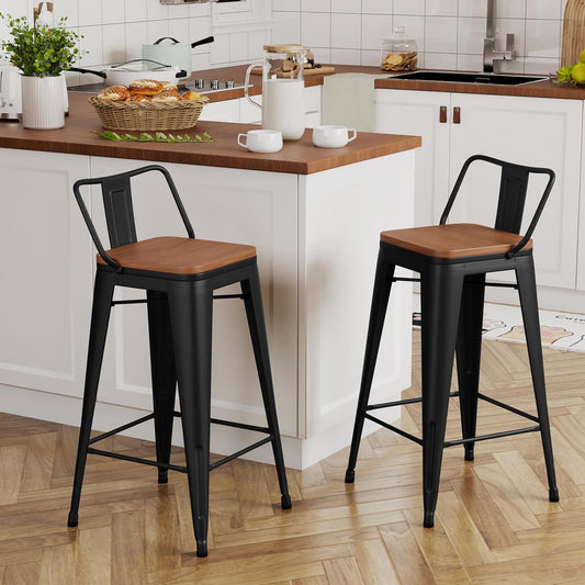 Yongchuang 24" Metal Barstools Set of 2 Counter Bar Stools with Wood Top Low Back Matte Black