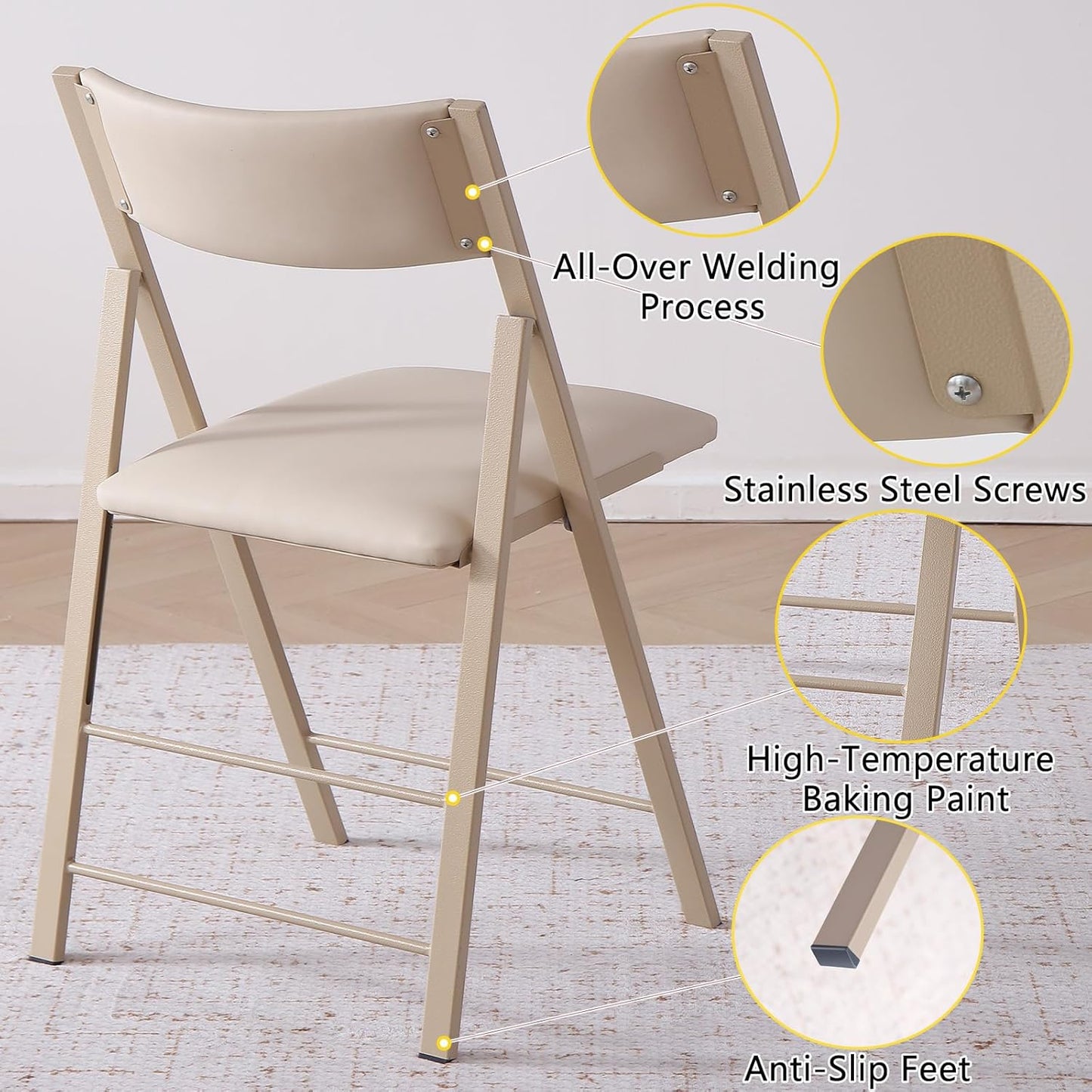 Folding Chairs with Cushion 2 Pack - Heavy Duty Steel Frame Foldable Dining Chairs, Waterproof Leather Indoor Outdoor Comfortable Folding Chairs for Home, Conference Rooms, Weddings, Events (Wood)