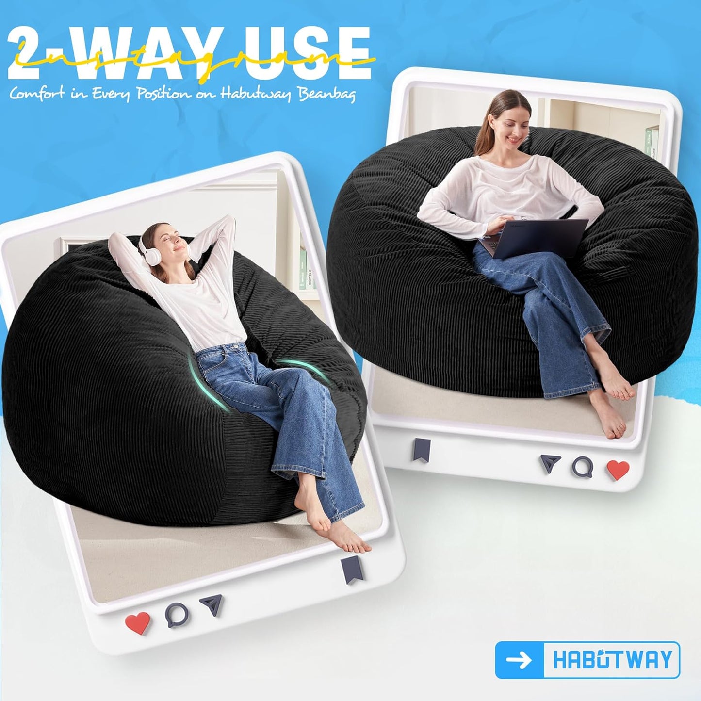 HABUTWAY 6FT Bean Bag Chair,Giant Bean Bag Chairs for Adults,Big Bean Bags with Memory Foam Filled, Large Beanbag Chairs with Soft Corduroy Cover-Black