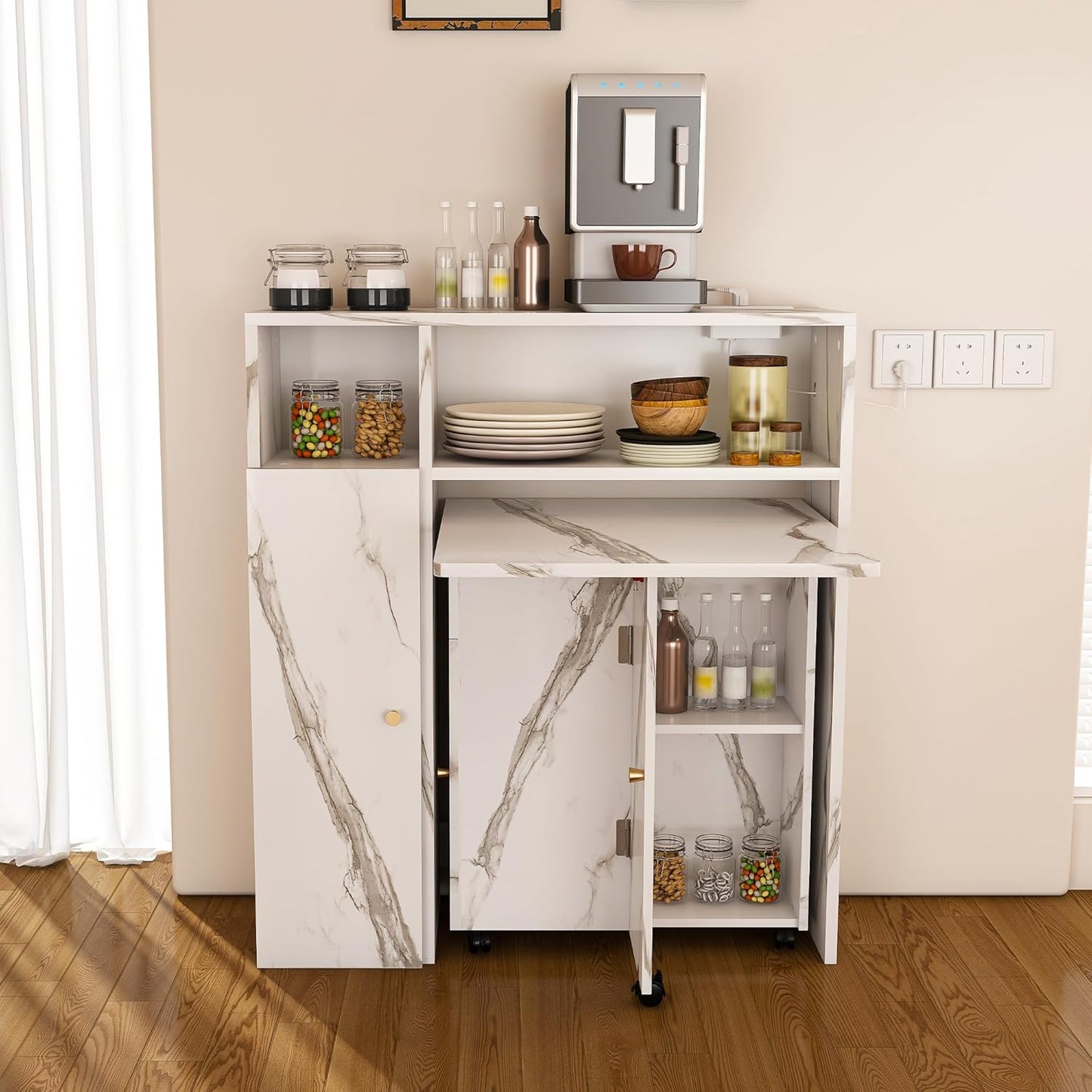 Ball & Cast Multifunctional Folding Dining Table with Wall-Mounted Sideboard & Storage,Wood Kitchen Island w/Four-in-one Socket and Silent Wheels,Space-Saving,Easy to Assemble,for Dining Room,White