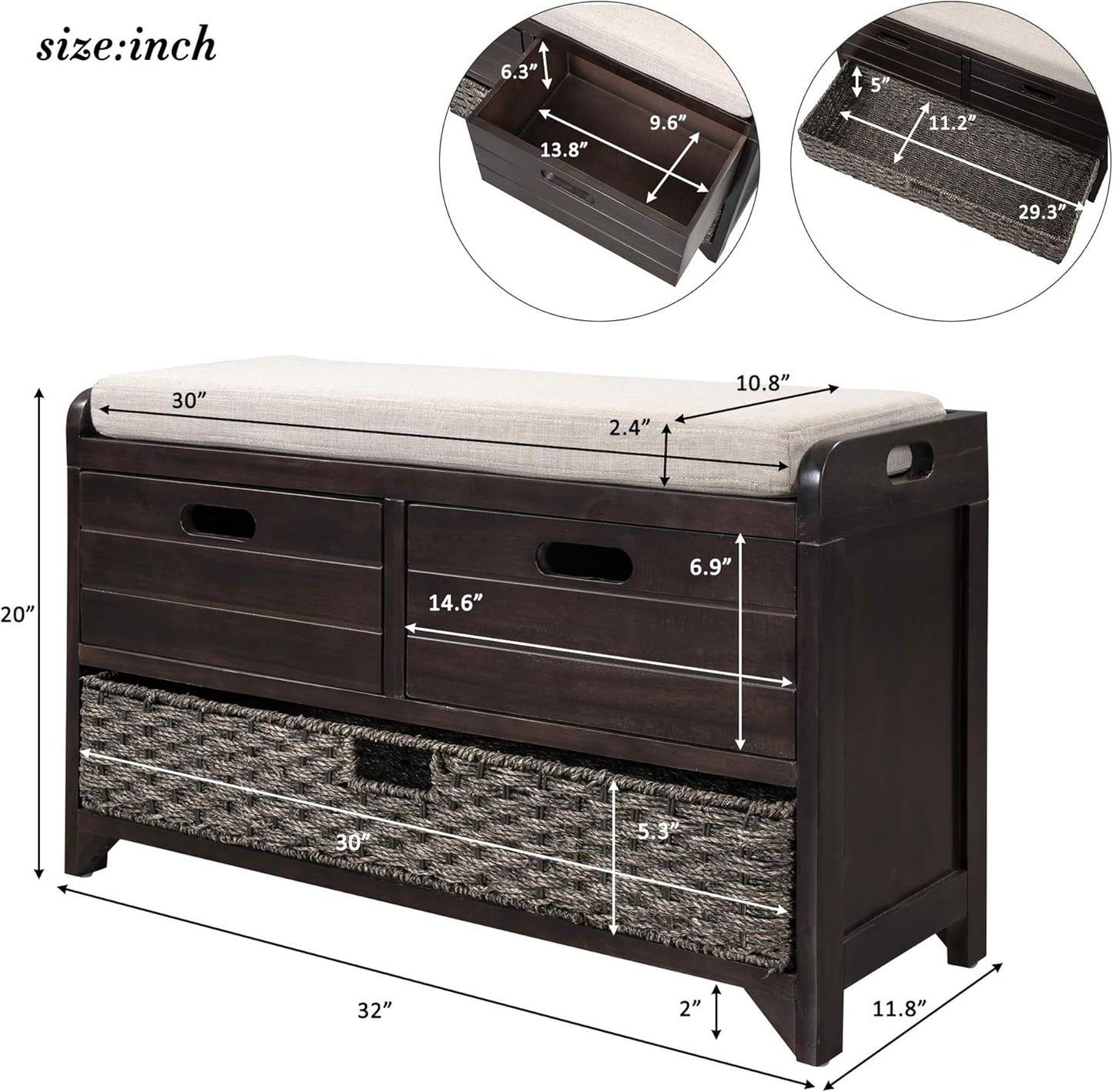 Merax Farmhouse Wood Shoe Bench with Storage and Seat Cushion for Entryway Hallway Front Door Espresso